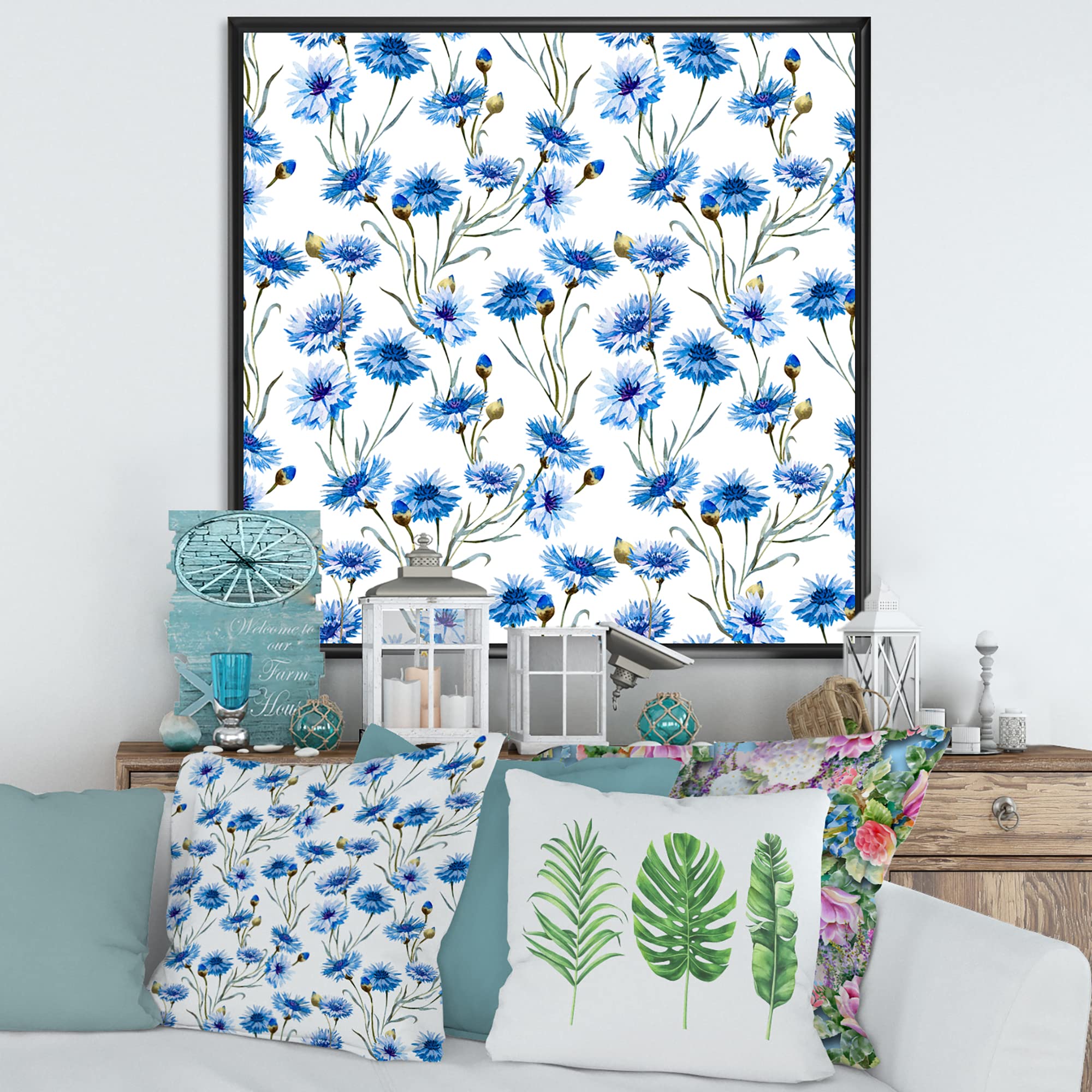 DesignQ Blue Cornflowers With Green Leaves II - Traditional Framed Canvas Wall Art Print for Home Decor, Living Room, Bedroom & Office