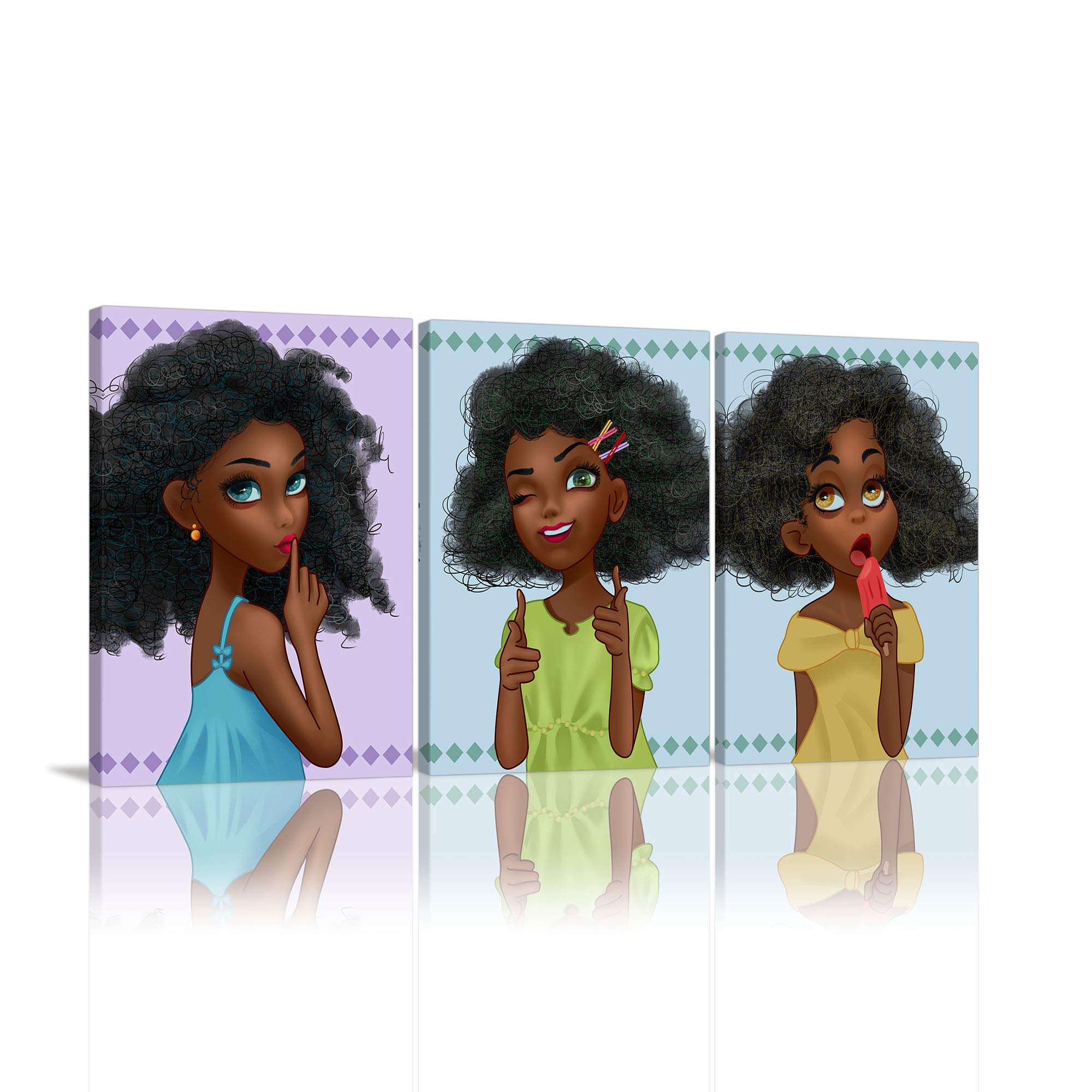 African American Wall Art Canvas - 3 Panels Framed Black Girl Painting for Bedroom & Living Room Decor