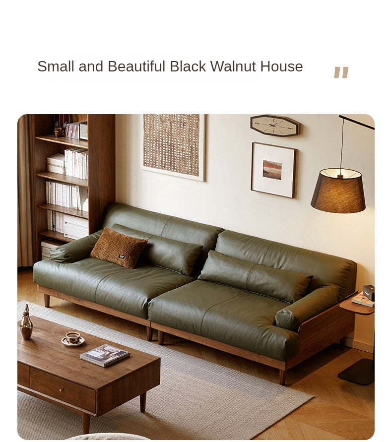 Premium Black Walnut & Oak Solid Wood Leather Recliner Sofa - Luxurious Comfort for Living Room, Lounge & Home Theater