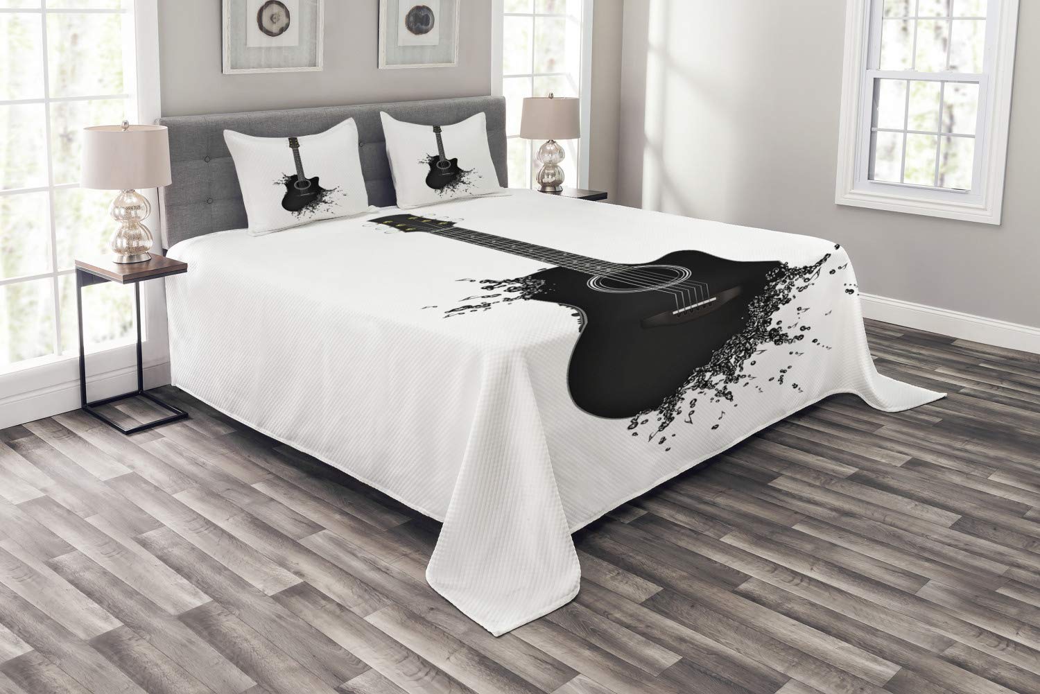 Ambesonne Guitar Bedspread Set - King Size Black & White 3-Piece Bedding with 2 Pillow Shams | Monochrome Acoustic Guitar Design for Music Lovers | Perfect for Bedroom Decor, Guest Rooms & Music-Themed Spaces