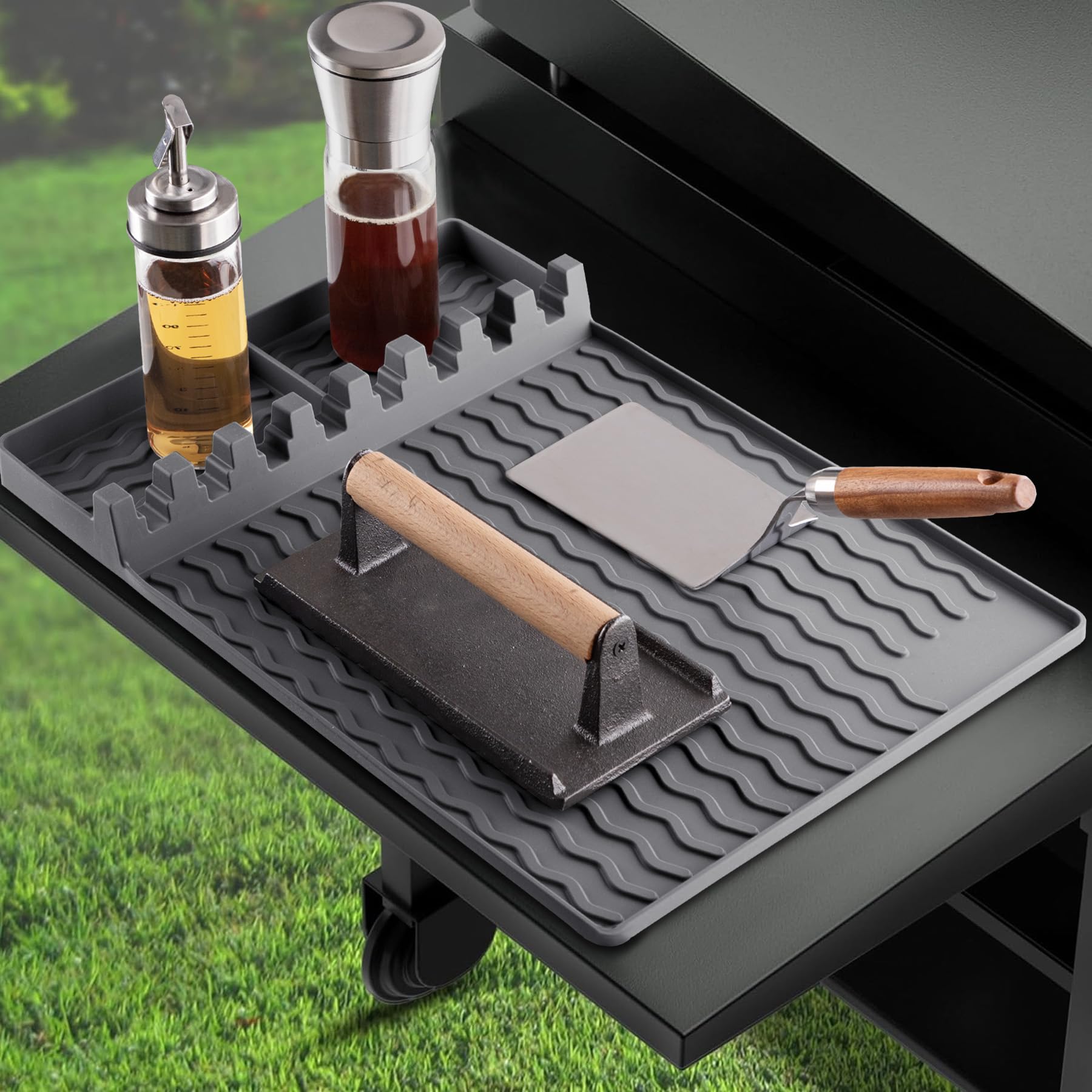 Premium Silicone Griddle Tools Mat for Blackstone Griddles - Large Non-Slip Spatula Holder with Drip Tray - Heat-Resistant Kitchen Countertop Organizer & BBQ Utensil Caddy (Gray) - Perfect for Outdoor Cooking, Backyard Grilling, and Camping Trips