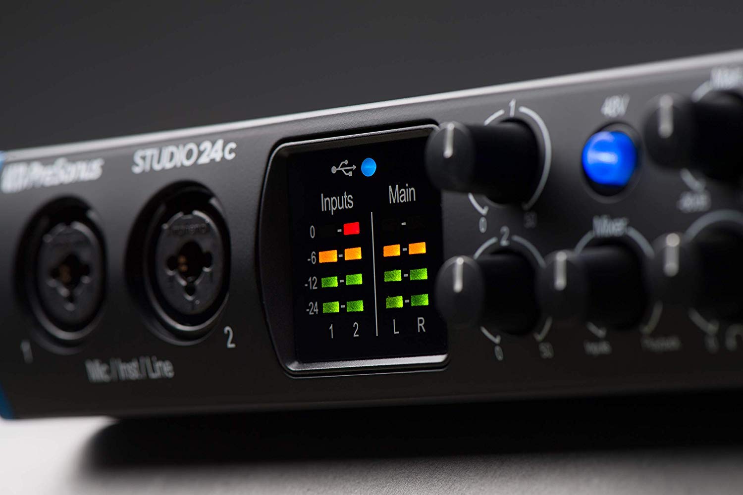 PreSonus Studio 24c USB-C Audio Interface with 2 XMAX-L Preamps, Headphone Output & MIDI I/O - Includes EMB XLR Cables & Gravity Mobile Bracket for Home Recording, Podcasting & Music Production