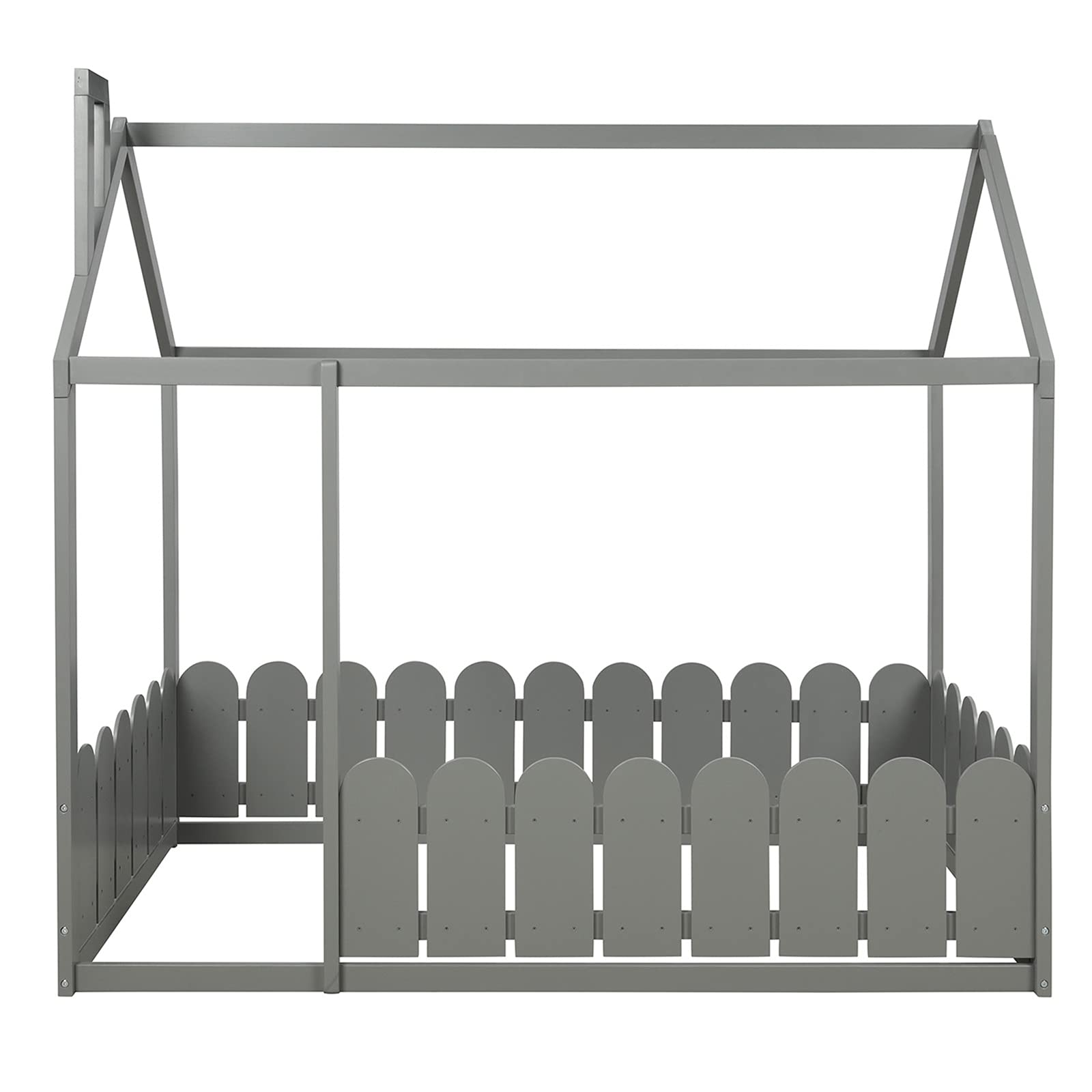 Kids Wooden Twin Floor Bed Frame with Safety Fence - Gray Cabin House Bed for Boys & Girls, Teens Room Decor | Perfect for Small Bedrooms, Playrooms & Montessori Style Spaces