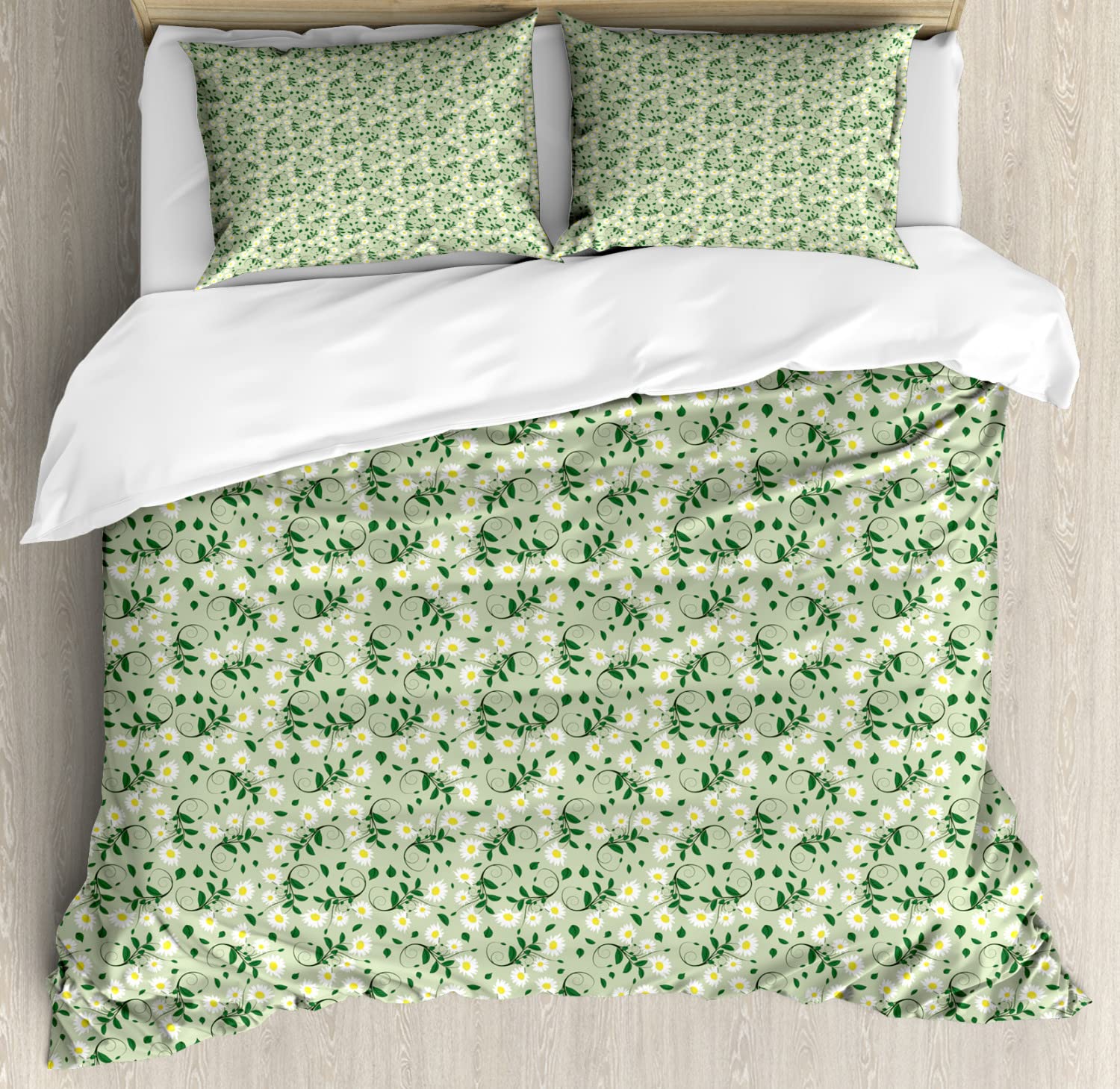 Ambesonne Floral Duvet Cover Set - King Size 2-Pack with 2 Duvet Covers & 4 Pillowcases, Green Daisy Leaf Design on Swirling Branches | Luxury Bedding for Master Bedroom, Guest Room & Vacation Homes