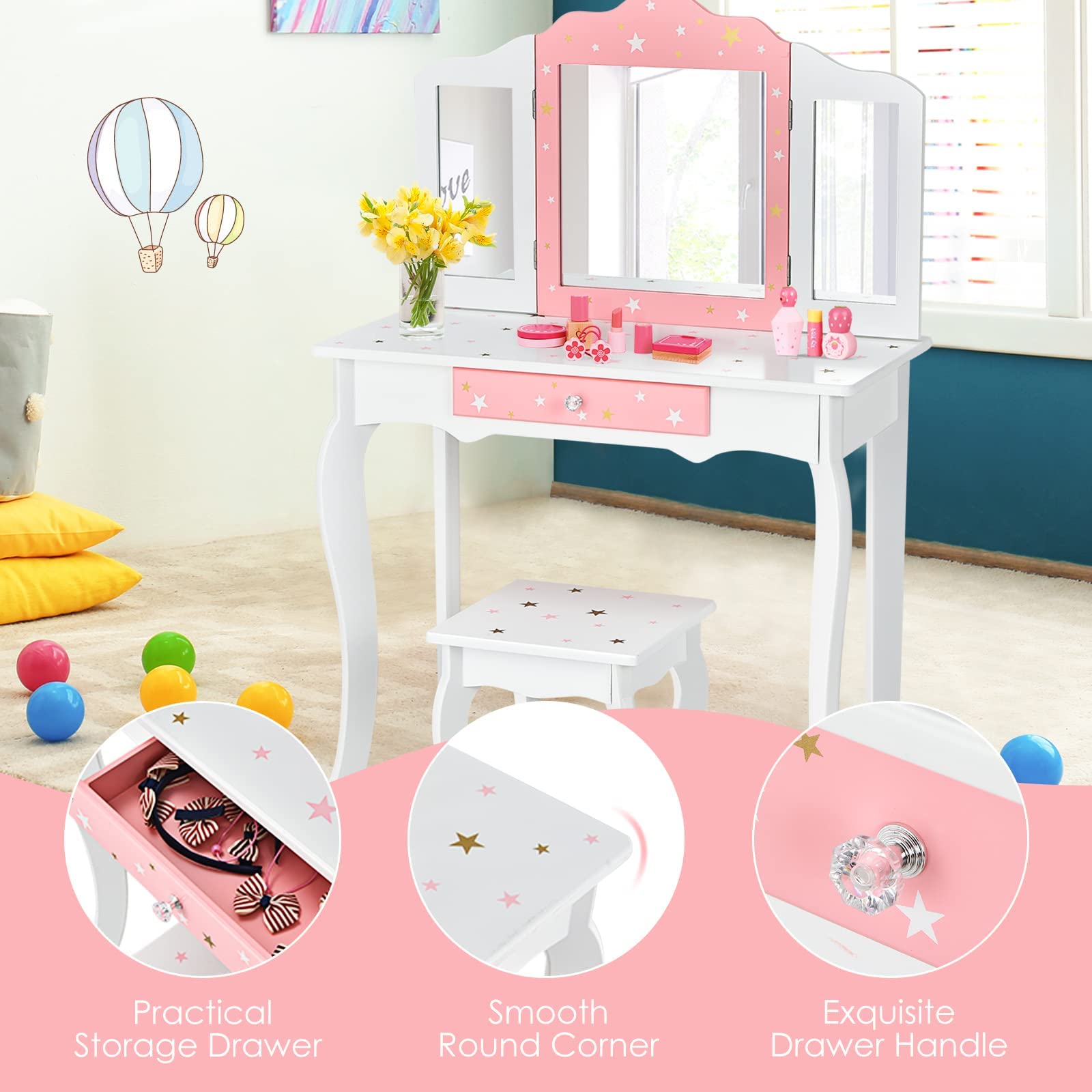 HONEY JOY Kids Vanity Set - Wooden Princess Makeup Dressing Table with Stool, Drawer & Tri-Folding Mirror | Detachable Top for Easy Storage | Pretend Play Toy for Little Girls (White) | Perfect for Bedroom, Playroom & Birthday Gifts