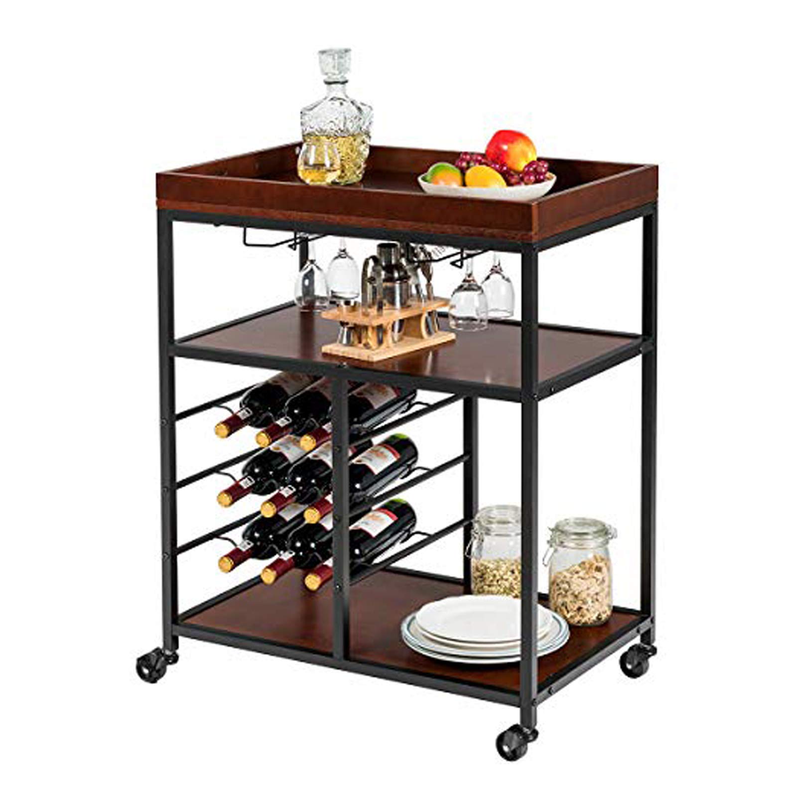 Giantex 3-Tier Rolling Kitchen Island Cart with Wine Rack & Glasses Holder - Industrial Style Serving Cart, Utility Cart with Metal Frame & Casters, Rustic Brown - Perfect for Small Kitchens, Dining Rooms & Home Bars