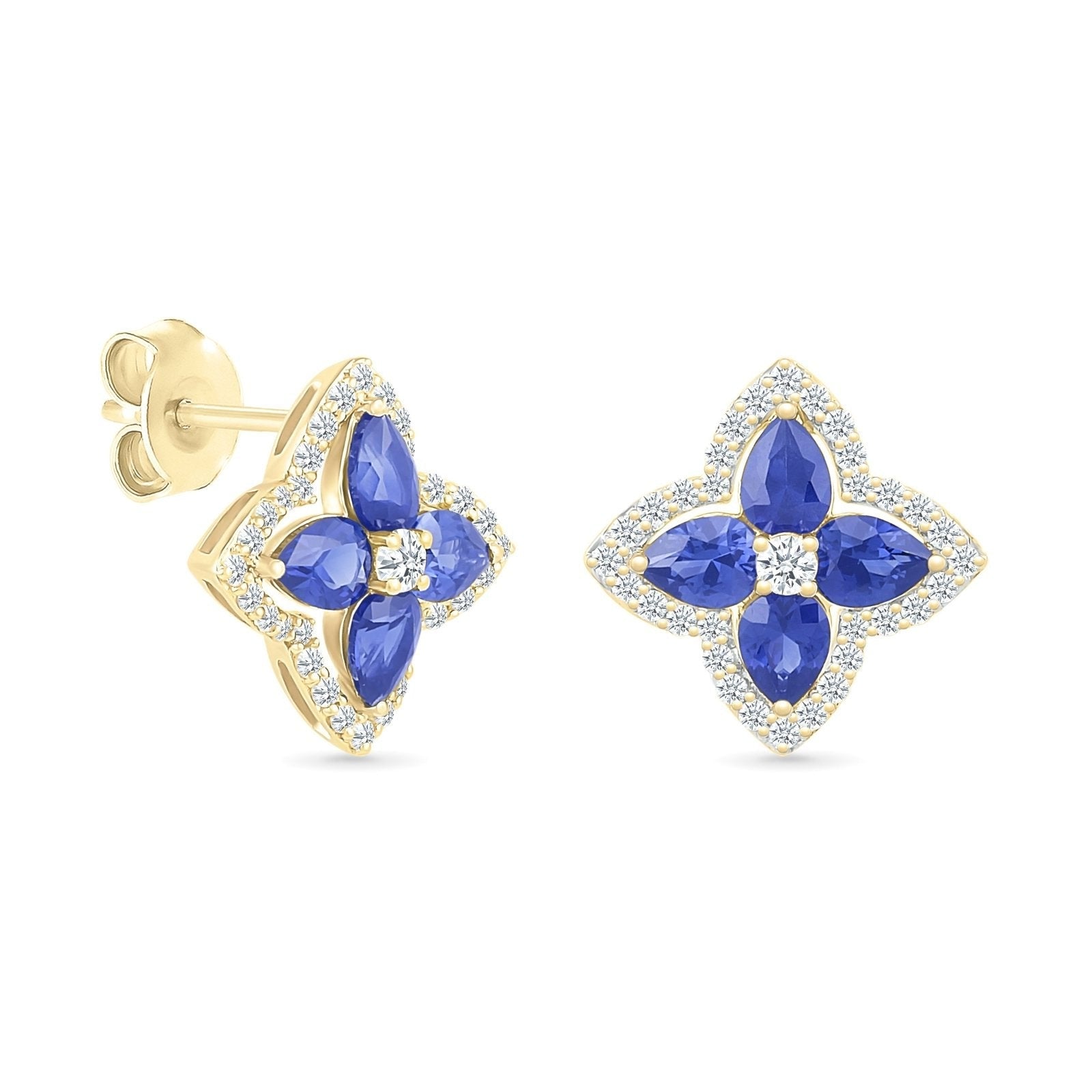 10k Yellow Gold Blue Sapphire Clover Stud Earrings with White Sapphire Halo - Elegant Irish Jewelry for Women, Perfect for St. Patrick's Day Gifts, Anniversary & Birthday Presents