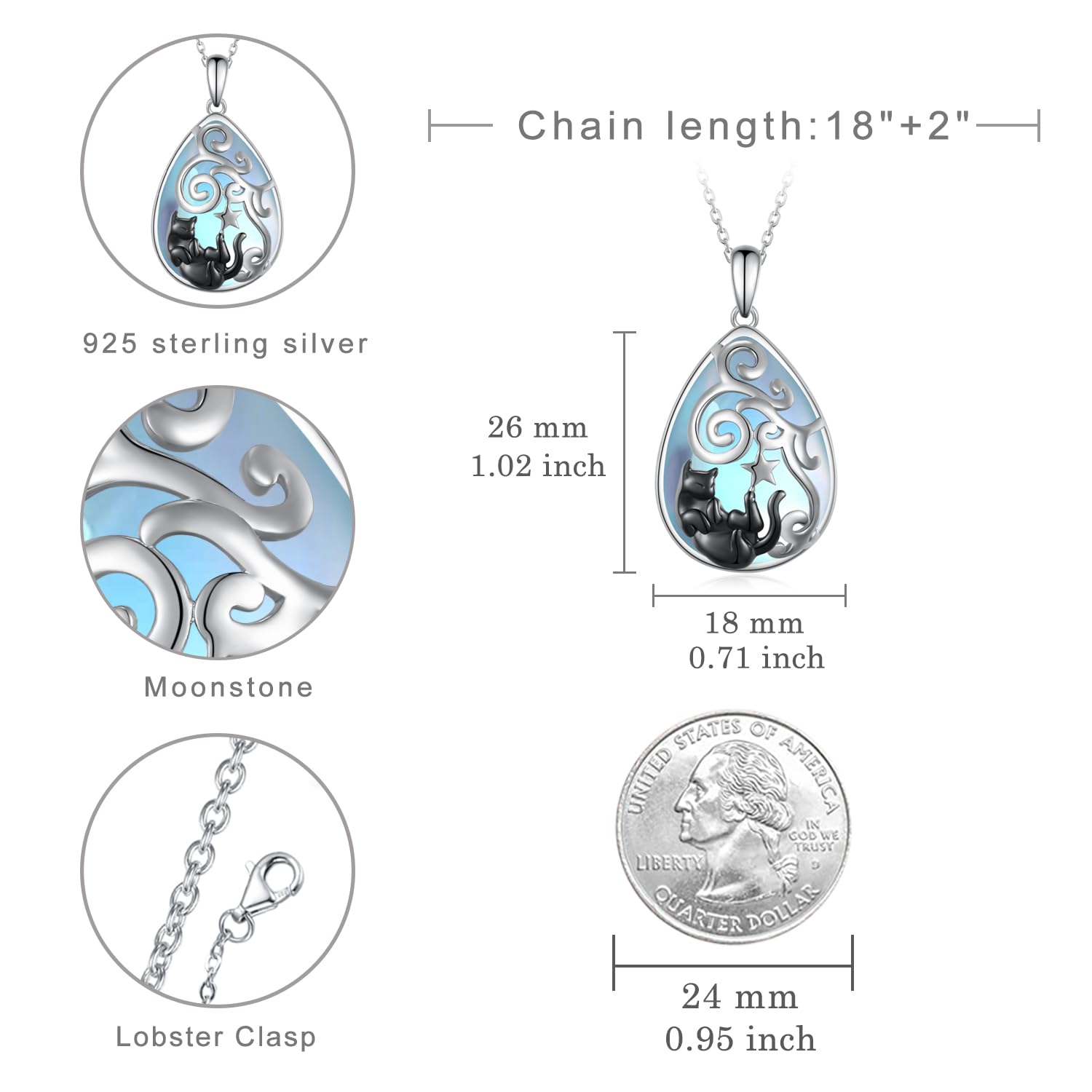 925 Sterling Silver Black Cat Necklace with Moonstone - Elegant Cat Jewelry Gift for Women | Perfect for Birthday, Anniversary & Witchy Aesthetic Fashion