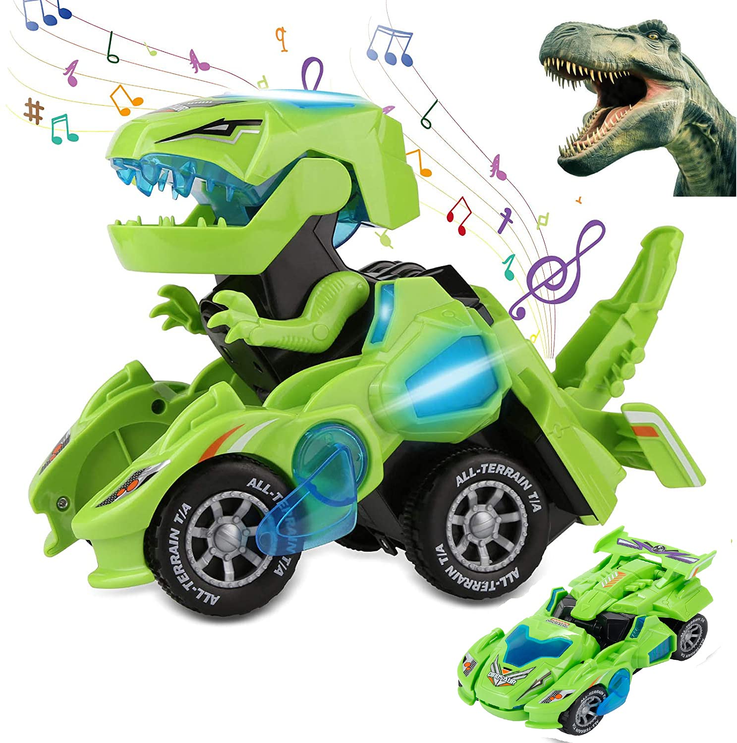2-in-1 Transforming Dinosaur LED Car Toy - Automatic Dino Transformer Vehicle with Lights for Kids Ages 3-12 (Green) | STEM Learning Toy for Pretend Play & Nighttime Fun