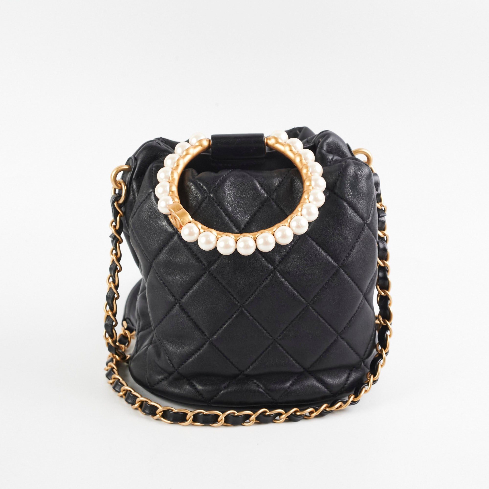 Chanel Black Lambskin Pearl Top Handle Bucket Bag - Luxury Designer Handbag for Women, Perfect for Evening Parties & Special Occasions