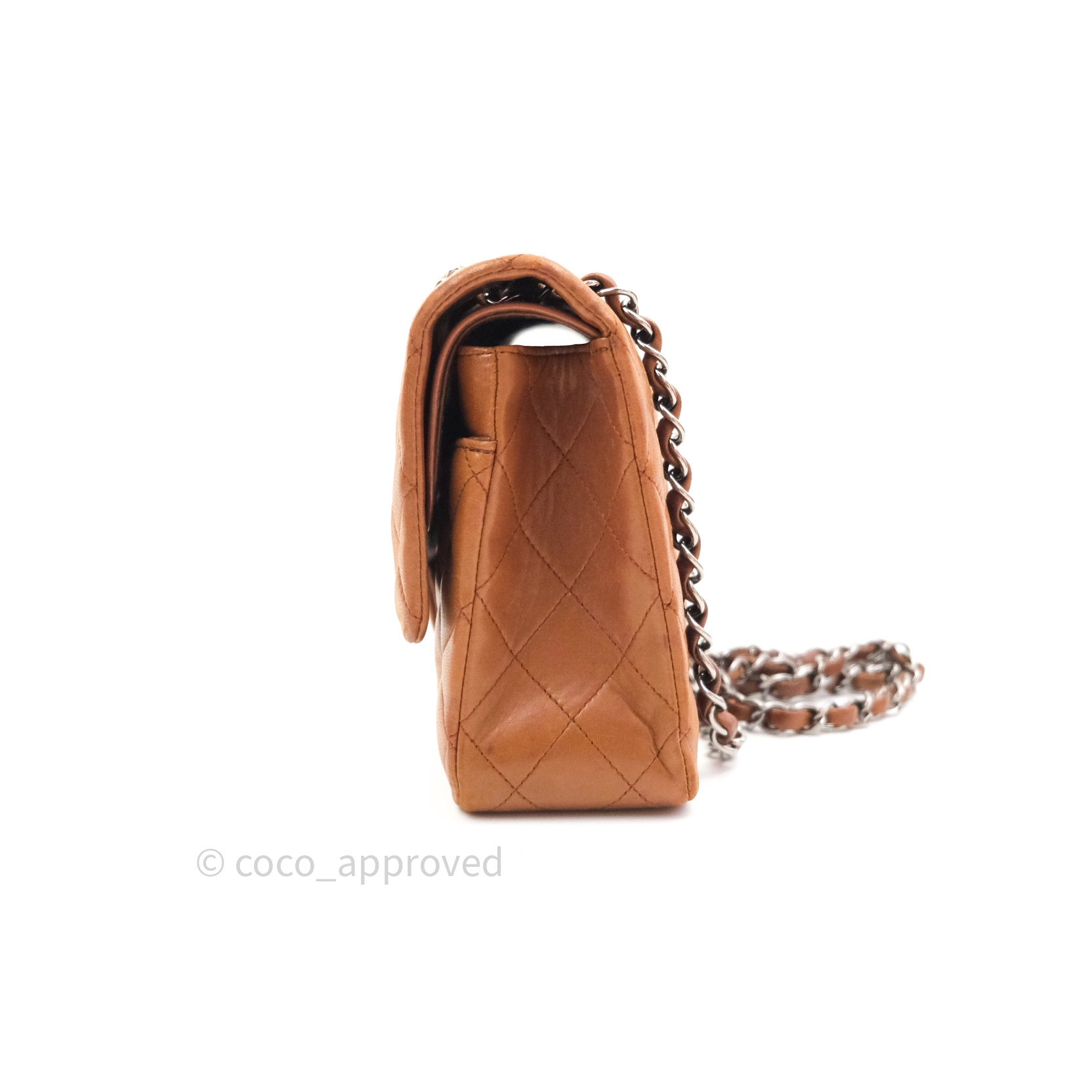 Authentic Chanel Classic Flap Bag M/L Size - Luxurious Brown Lambskin Leather with Silver Hardware - Perfect for Evening Events & Luxury Fashion Accessories