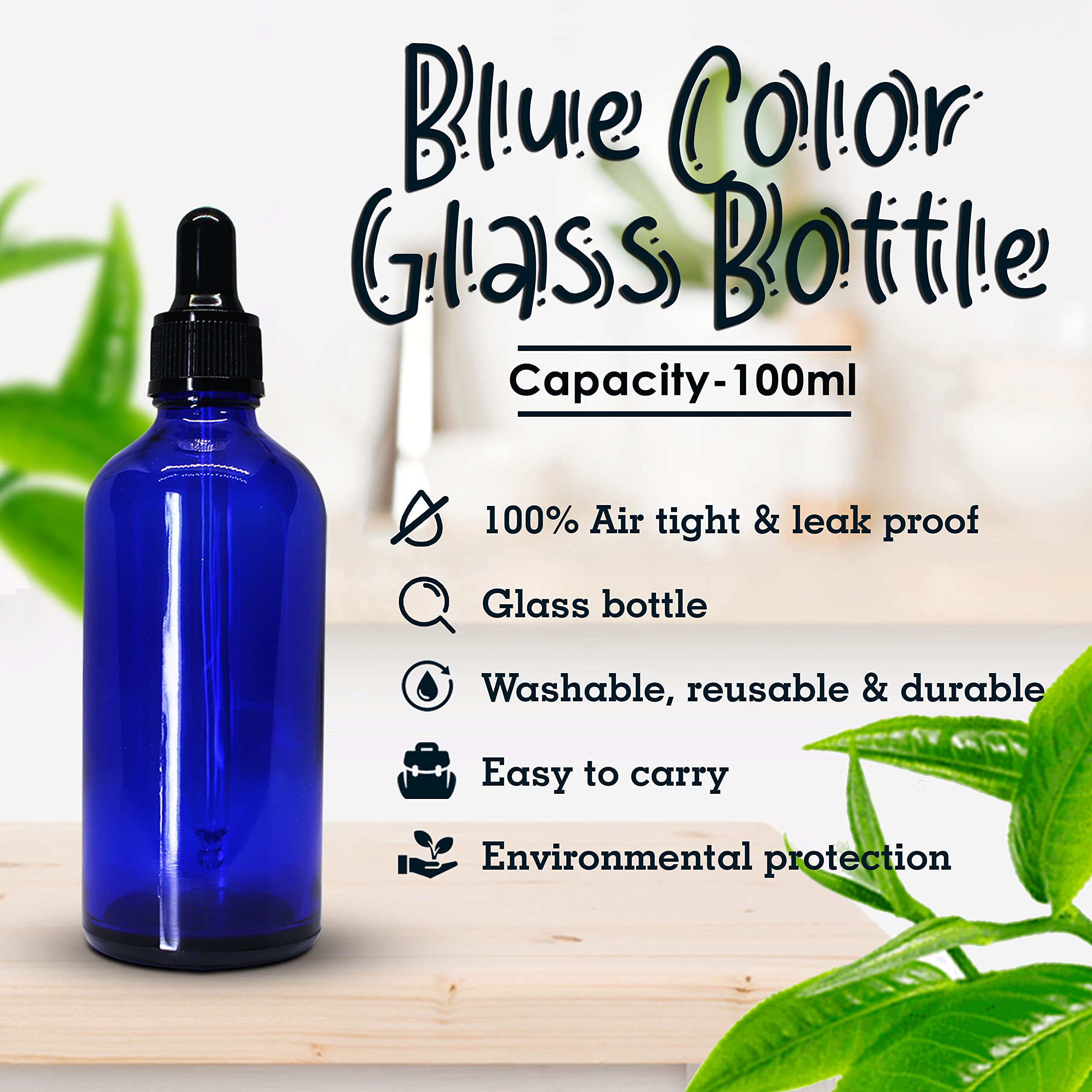 NSB Herbals 100ml Blue Round Empty Glass Bottle with Glass Dropper, Black Ring & Silicone Teat - Leak Proof, Refillable for Essential Oils, DIY Perfumes, Aromatherapy (Pack of 3) - Perfect for Travel, Home Use & Gift Giving