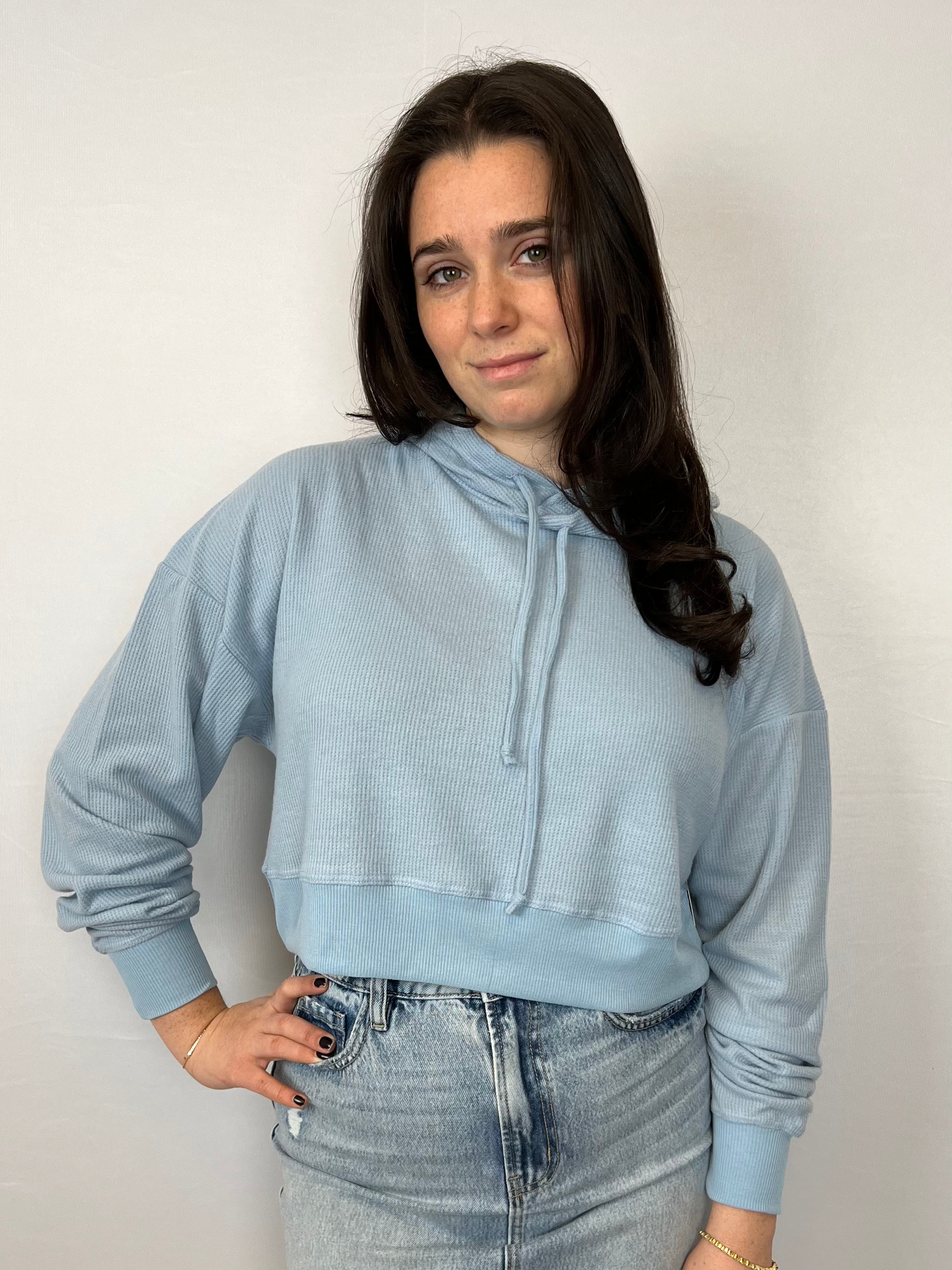 Super Soft Powder Blue Waffle Crop Hoodie for Women - Cozy Oversized Pullover Sweatshirt for Lounge, Yoga & Casual Outfits