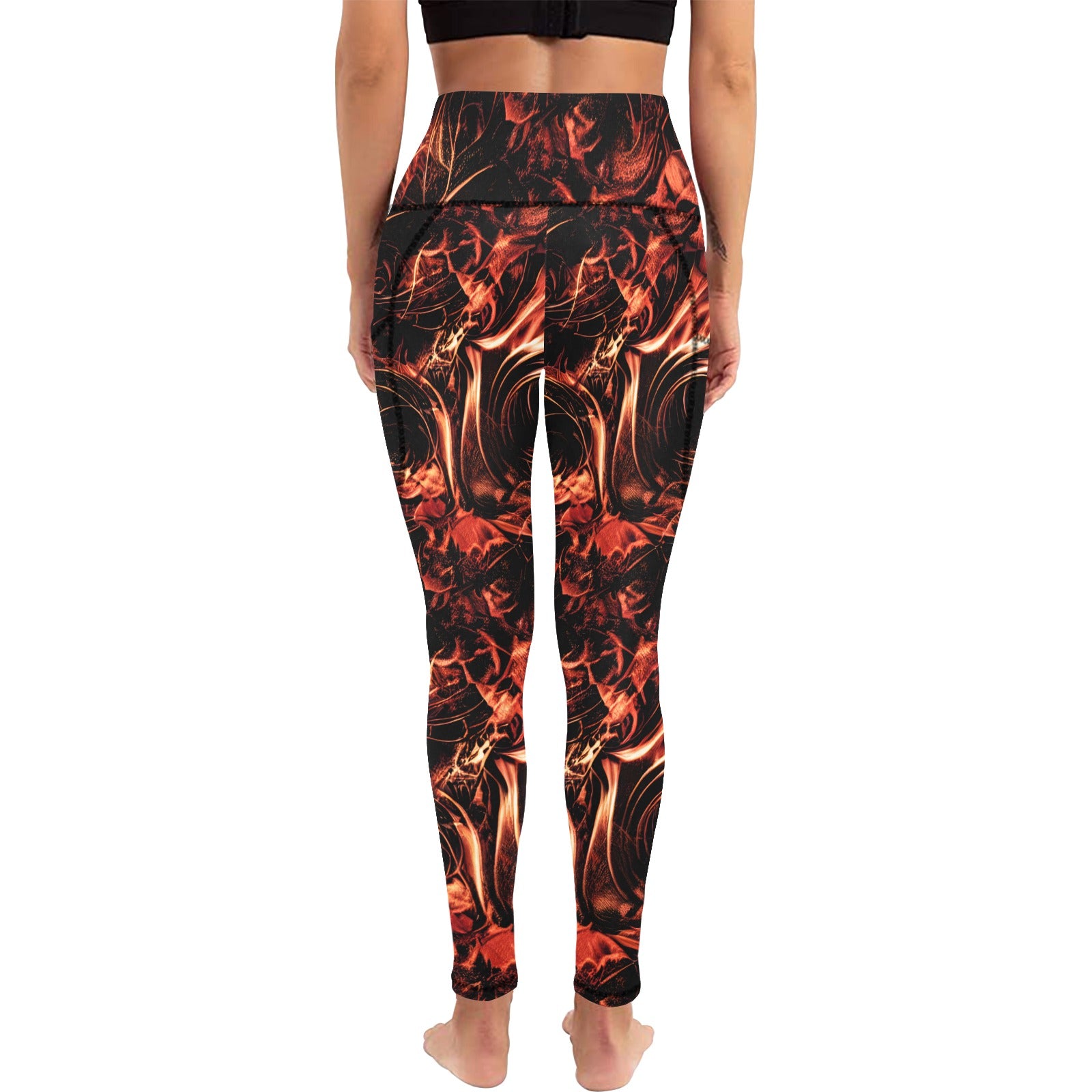 Fire Storm High-Waisted Yoga Leggings with Pockets - Women's Workout Running Gym Tights for Yoga, Pilates & Lounge Wear