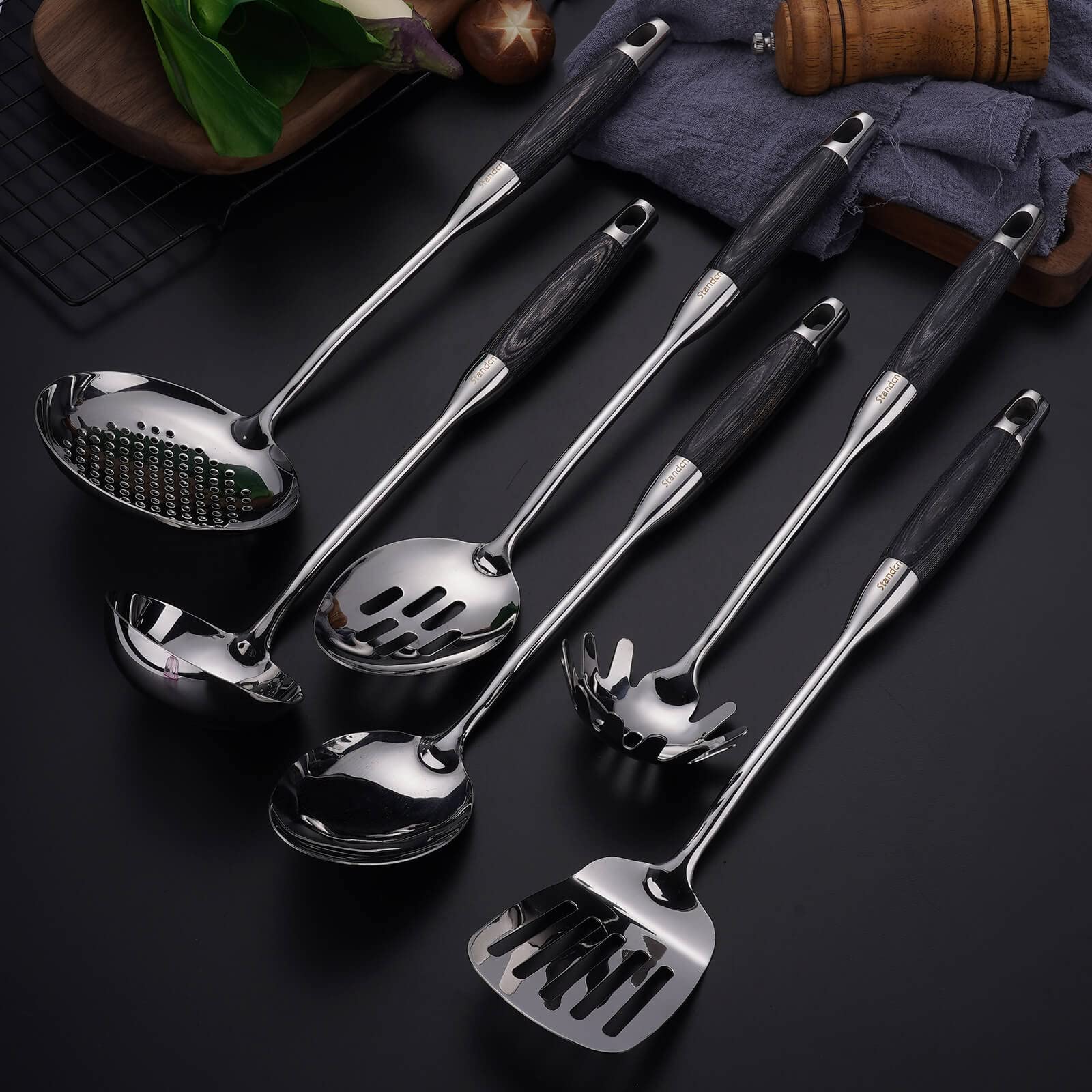 Premium 18/10 Stainless Steel Kitchen Utensil Set with Wooden Handles - 6-Piece Cooking Tools Including Slotted Spoon, Solid Spoon, Turner, Skimmer, Soup Ladle & Pasta Spoon (15