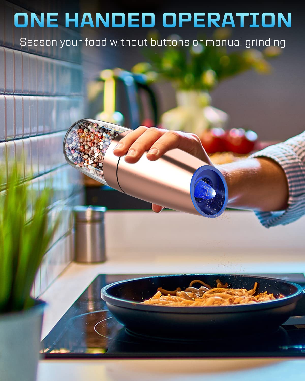 Premium Automatic Electric Pepper and Salt Grinder Set - Stainless Steel Adjustable Coarseness Mill with Blue LED Light, One-Hand Operation - Perfect for Kitchen, Dining Table, BBQ, Camping & Gifting