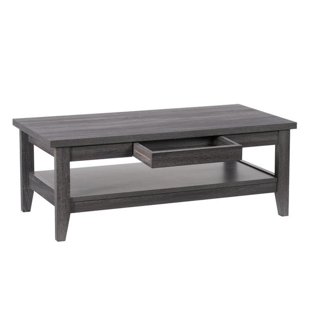 CorLiving Hollywood Dark Gray Engineered Wood Grain Coffee Table with Hidden Drawers - Modern Living Room Furniture for Small Spaces, Home Decor Centerpiece
