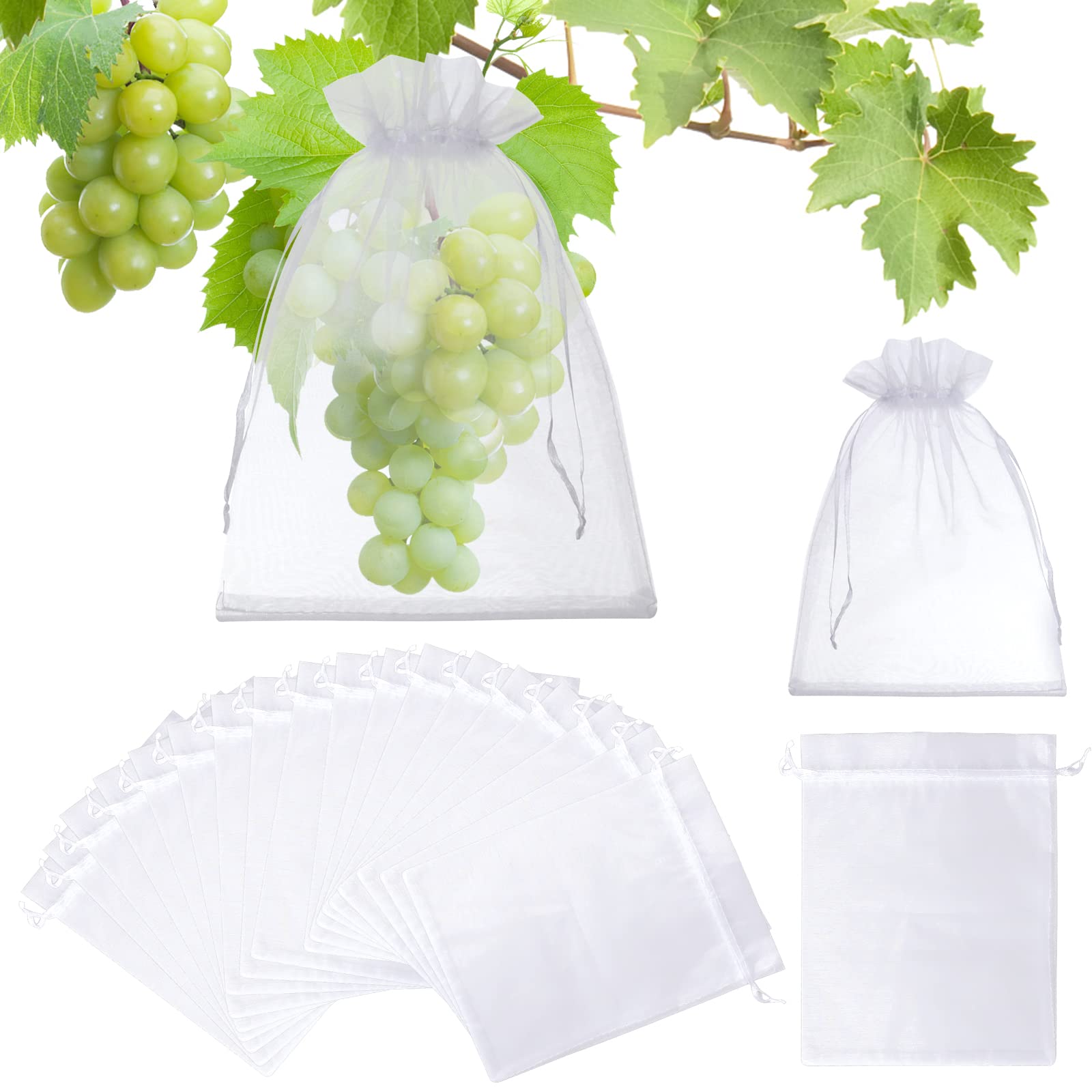 50 Pcs 8x12 Inch White Fruit Protection Bags with Drawstring - Breathable Mesh Netting Bags for Grapes, Mangoes, Apples & Garden Vegetables - Perfect for Organic Farming, Pest Control & Tree Protection