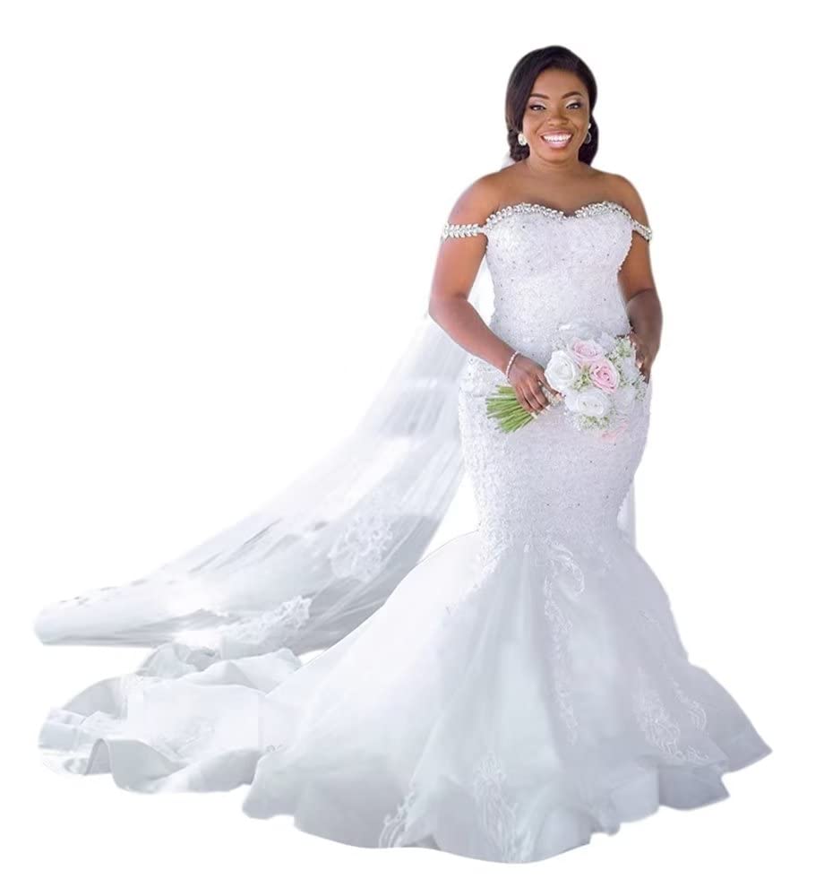 Elegant Off-The-Shoulder White Organza Wedding Dress with Beaded Lace Details - Mermaid Silhouette Sweetheart Neckline Bridal Gown for Women | Perfect for Beach Weddings, Church Ceremonies & Formal Receptions