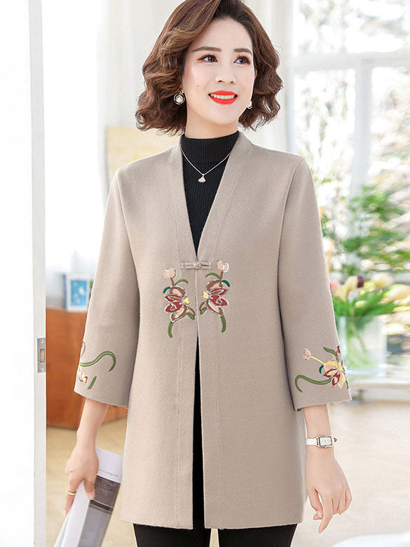 Embroidered Floral Women's Knit Cardigan Jacket for Mothers - Cozy Lightweight Sweater for Casual Wear, Spring & Fall Layering