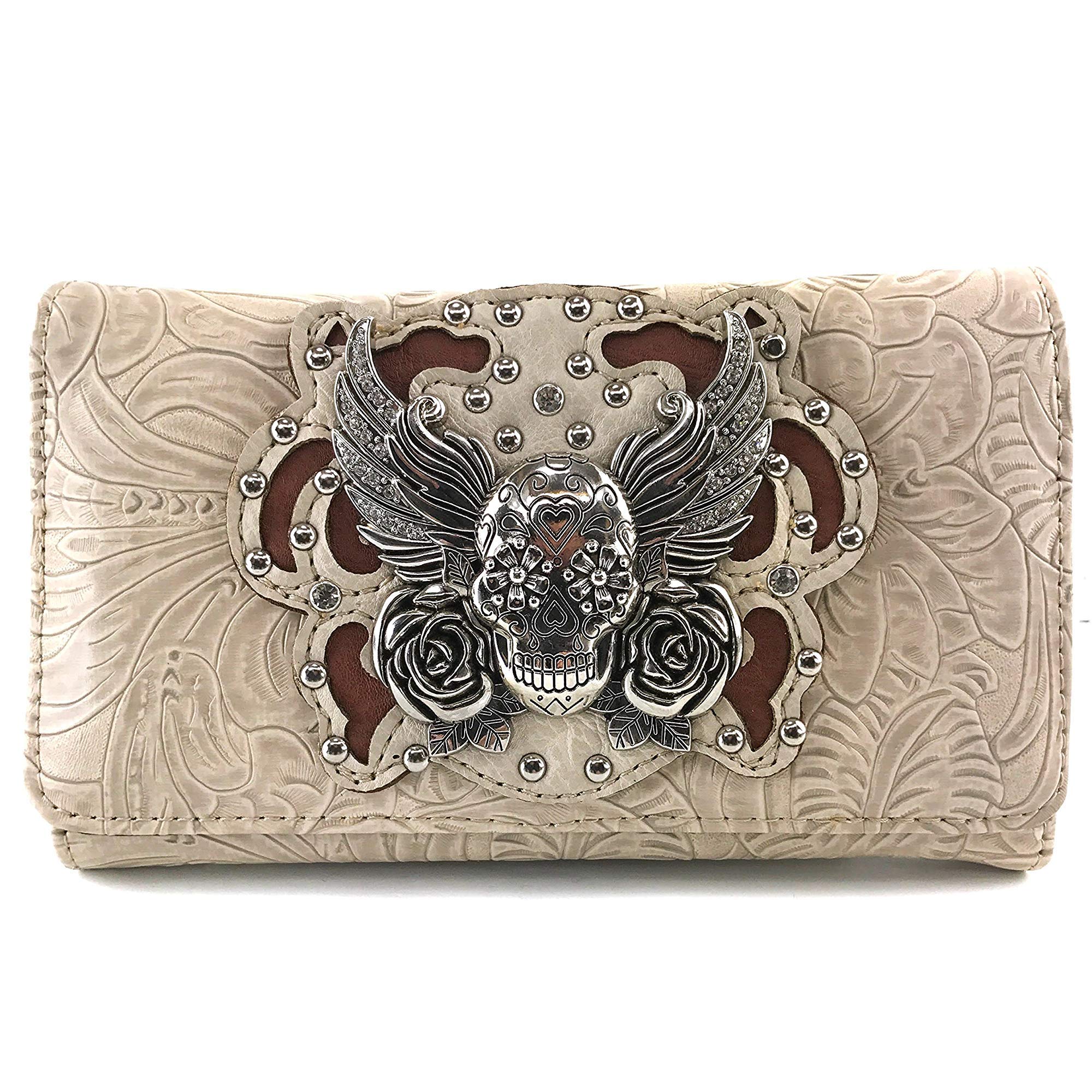Zelros Sugar Skull Roses Angel Wing Women's Crossbody Wristlet Trifold Wallet - Stylish Gothic Biker Purse for Parties, Concerts & Everyday Use