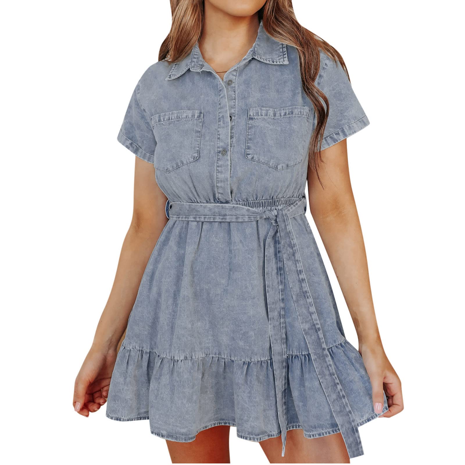 Women's Summer Casual Denim Dress - Short Sleeve Button Down Tiered Mini Dress with Elastic Waist & Belt | Perfect for Beach Outings, Date Nights & Summer Vacations