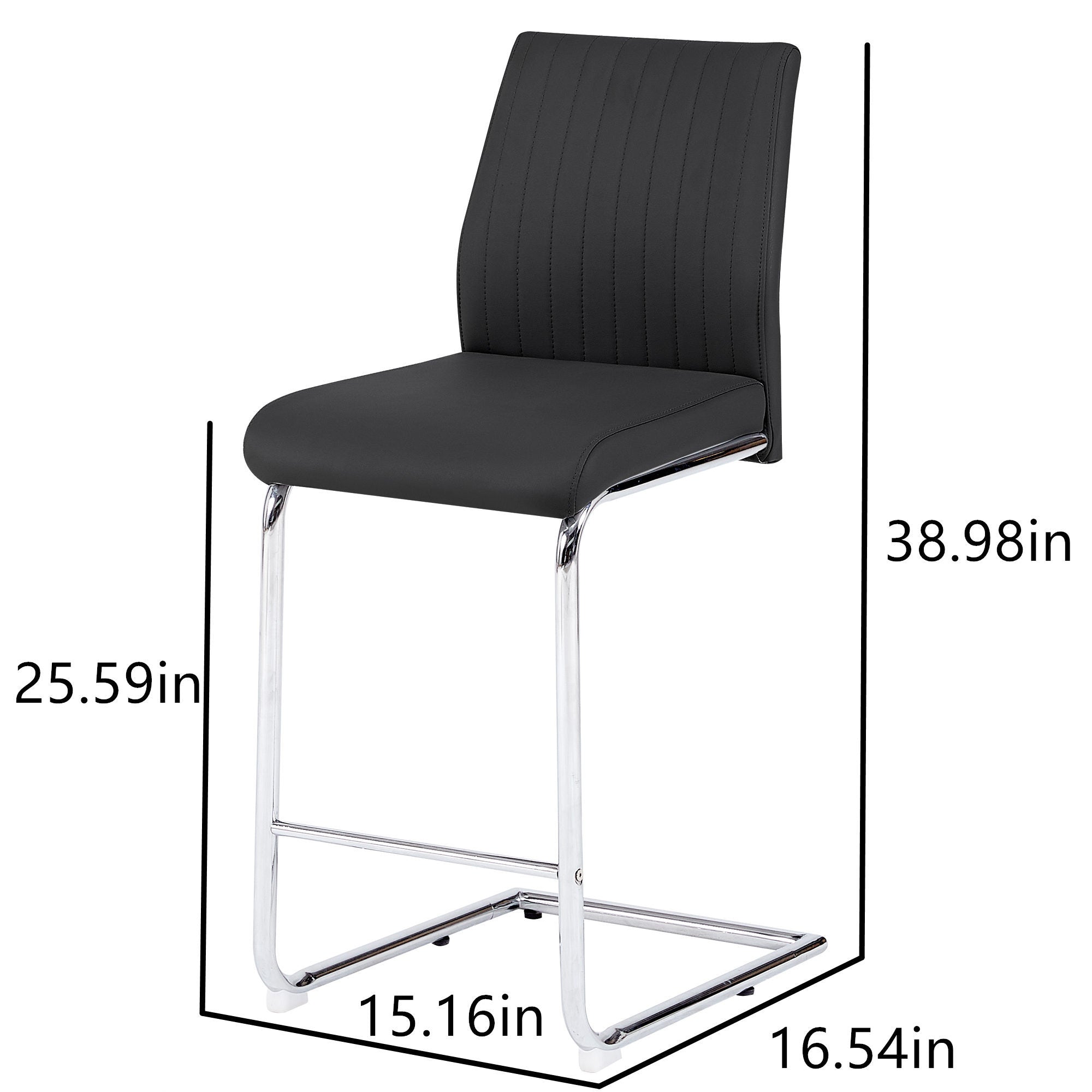 Modern Black PU Leather Bar Stools Set of 2 - Chrome Metal Frame Counter Height Chairs for Kitchen Island, Dining Room & Home Bar Decor
