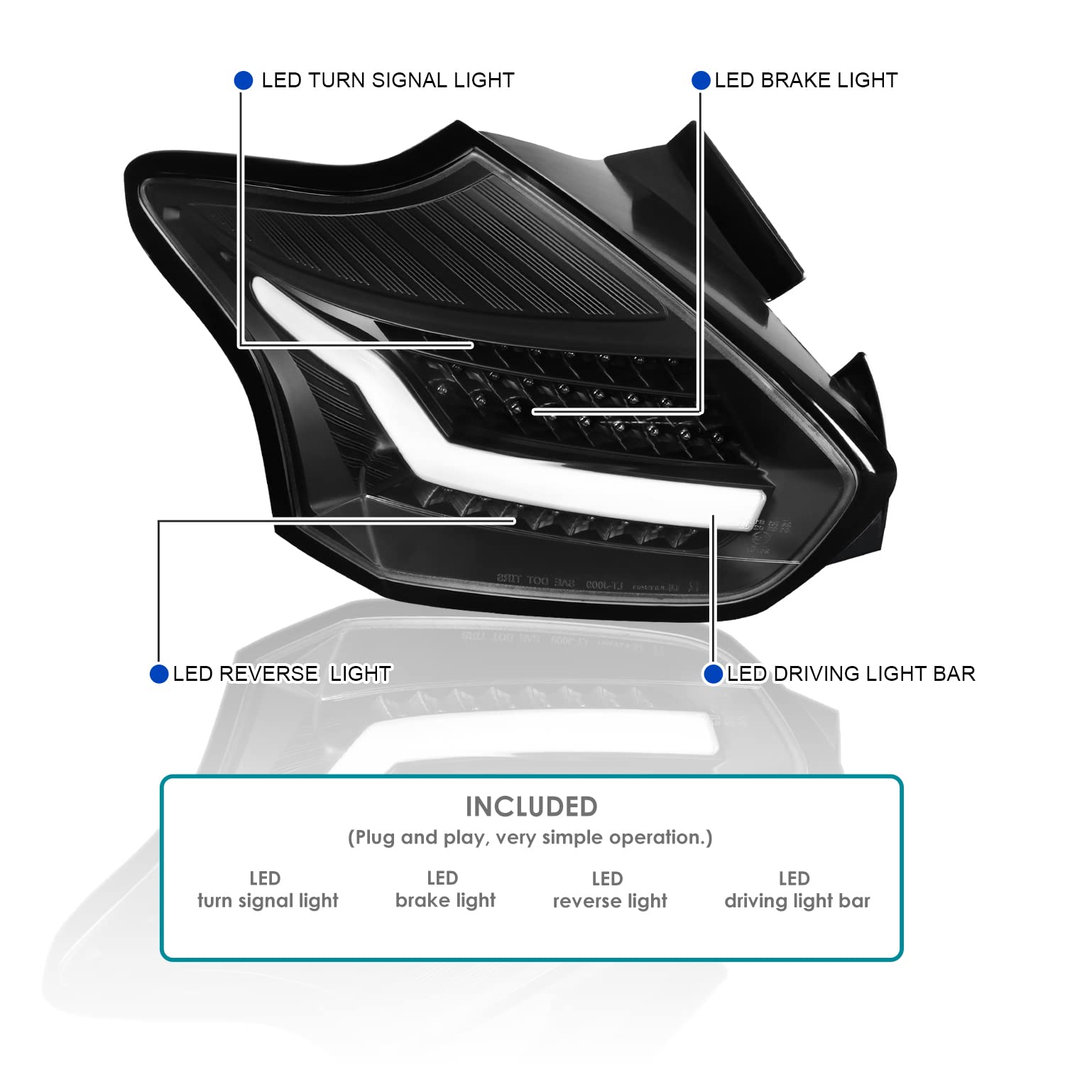 Spec-D Tuning Black LED Tail Lights for 2015-2018 Ford Focus SE/ST/Titanium & 2016-2018 Focus RS Hatchback - Left & Right Pair Assembly - Enhanced Night Visibility & Modern Style for Street & Show Cars