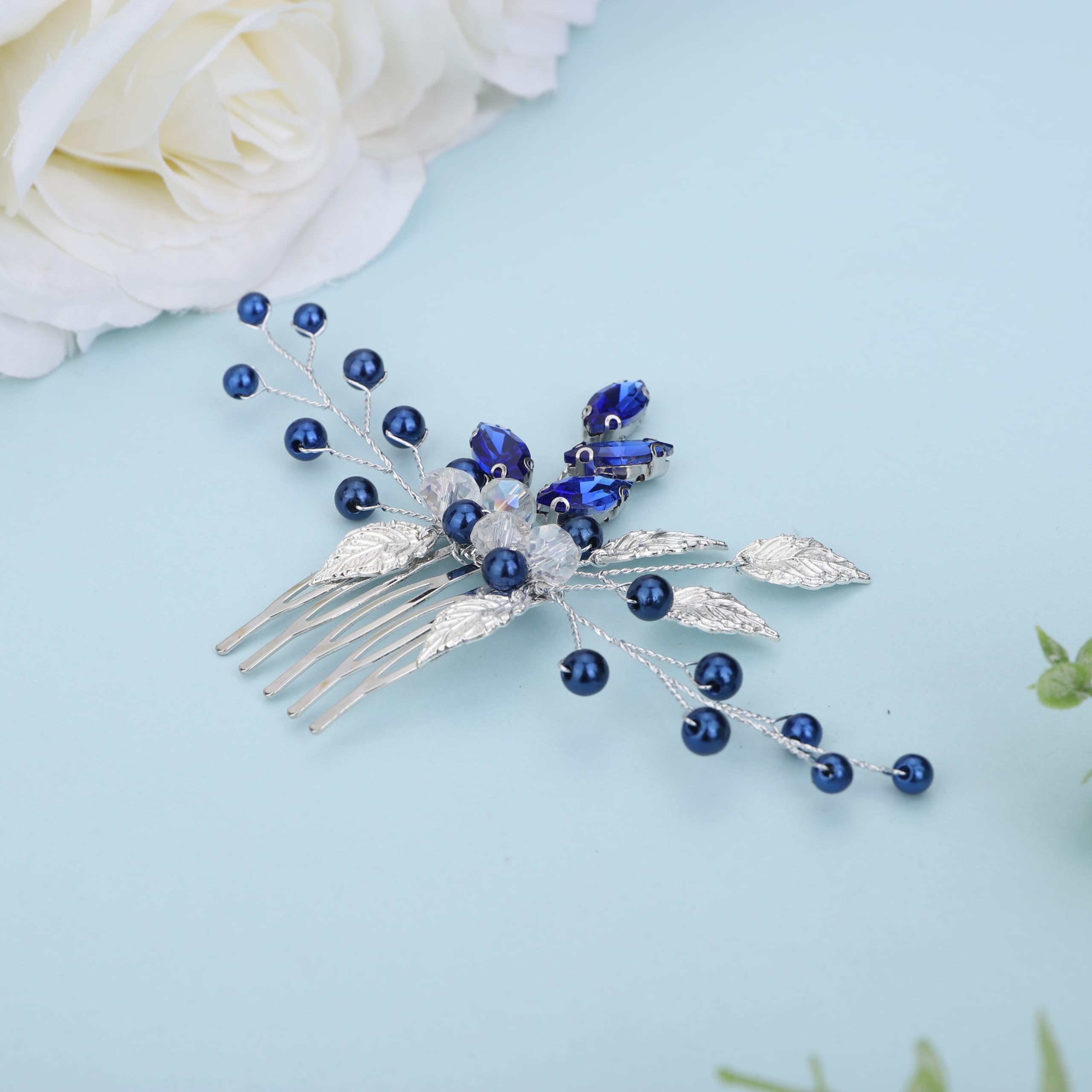 BERYUAN Silver Bridal Hair Comb with Blue Rhinestones & Crystal Leaves – Elegant Wedding Headpiece for Women & Girls | Perfect for Bridal, Prom, and Special Occasions