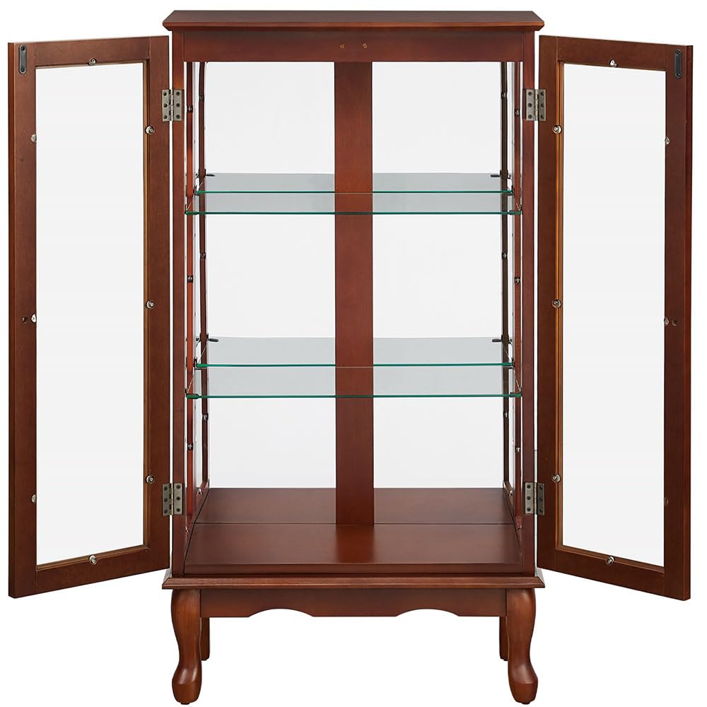 Anwick Walnut China Cabinet & Curio Cabinet with Glass Doors - Lighted Display Cabinet with Mirrored Back Panel, Tempered Glass & 3 Adjustable Shelves - Perfect for Dining Room, Living Room or Office Display (Walnut Finish)
