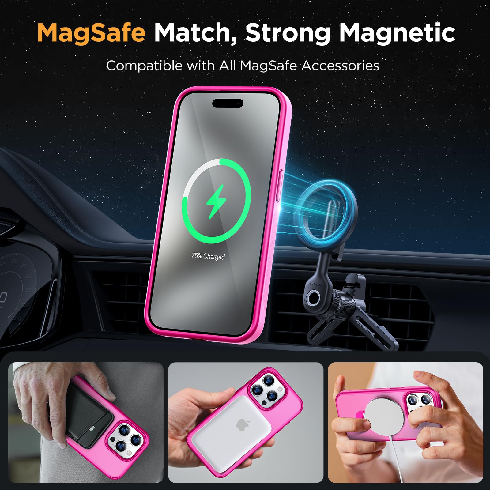Miracase Magnetic Stand Case for iPhone 15 Pro Max - 360° Rotating MagSafe Compatible, Military-Grade Shockproof Protection, Matte Finish with Ring Holder (Pink) | Perfect for Work, Travel & Everyday Use