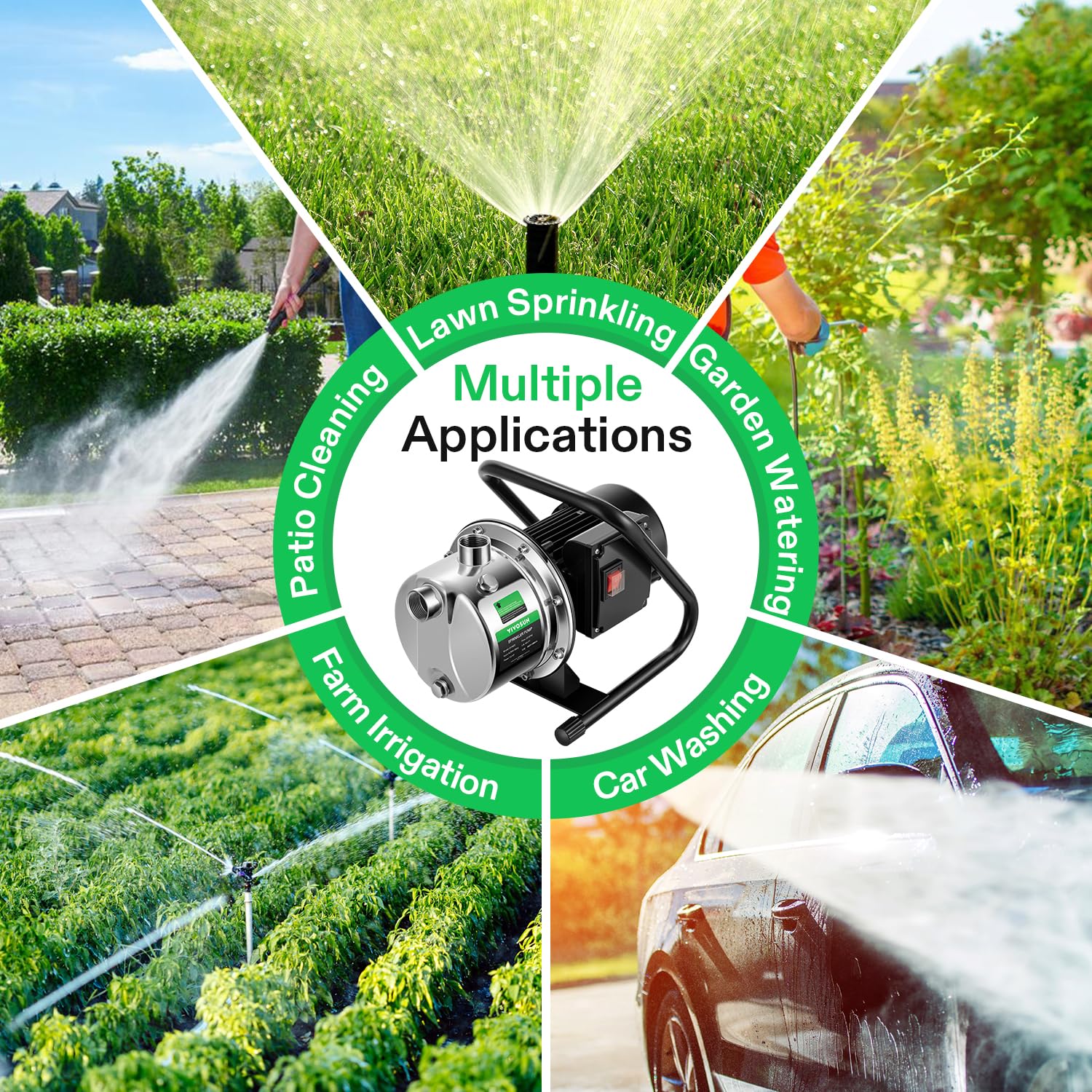 VIVOSUN 1.6HP Shallow Well Pump - 1320GPH High Flow Portable Water Pump with 2 Adapters | Stainless Steel Garden Pump for Lawn Sprinkling, Yard Watering & Farm Irrigation | Ideal for Home Gardens, Agricultural Use & Water Transfer