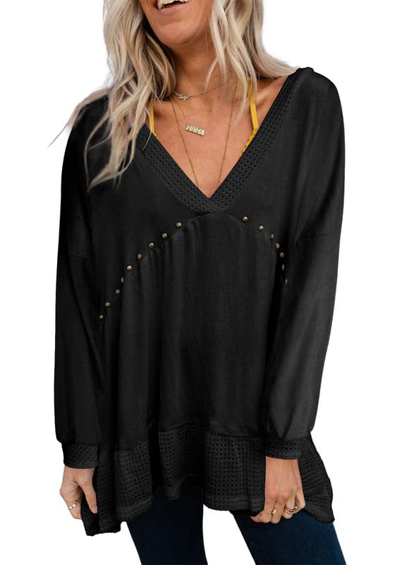 Dokotoo Women's Waffle Knit V-Neck Blouse with Ruffle Sleeves & Stud Rivet Details - Casual Tops for Work, Date Night & Fall Layering