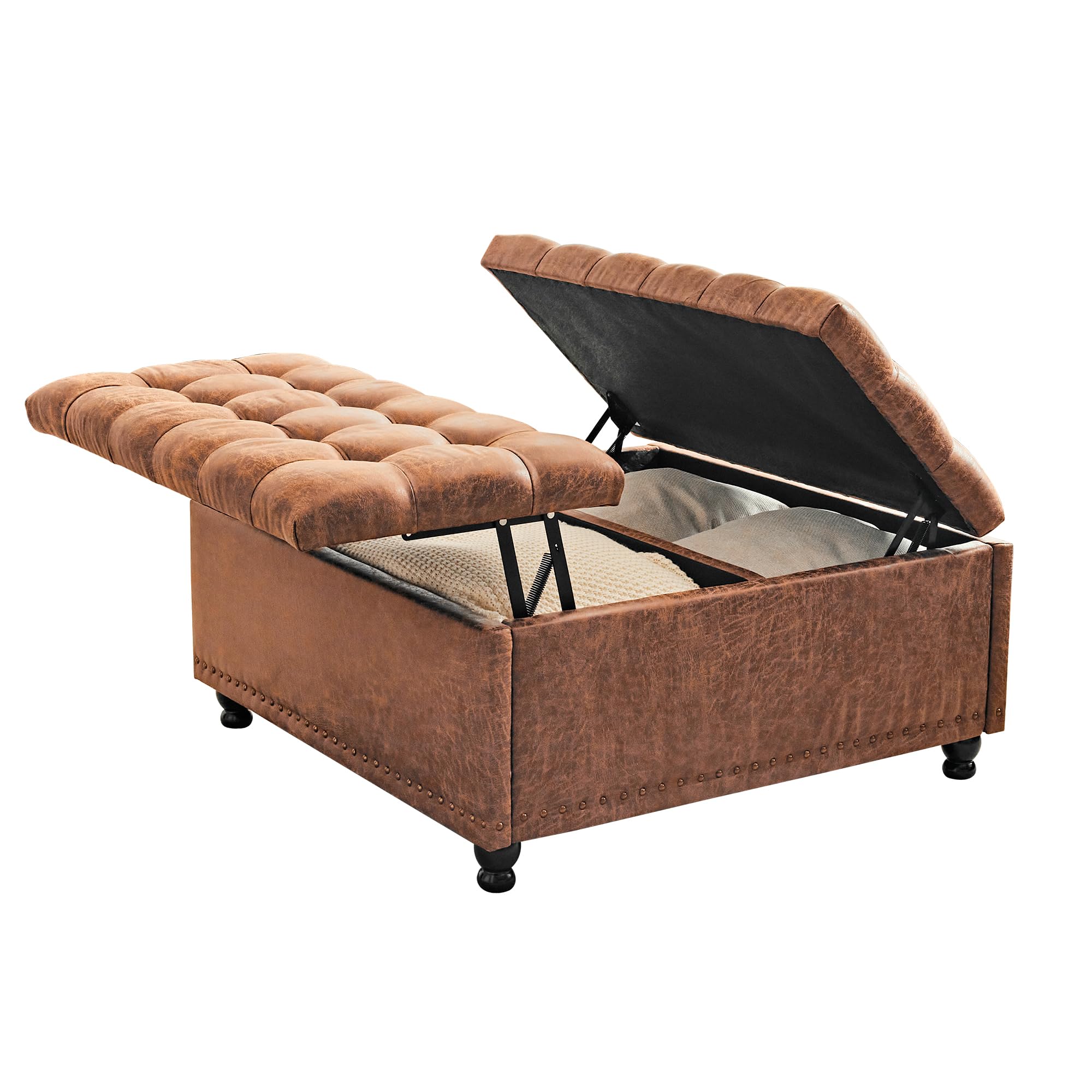 Redlife 35 Inch Large Square Storage Ottoman Bench with Lift Top - Tufted Coffee Table Ottoman for Living Room, Bedroom & Entryway - Brown Leathaire Fabric - Multi-Functional Storage Furniture for Shoes, Blankets & Home Decor