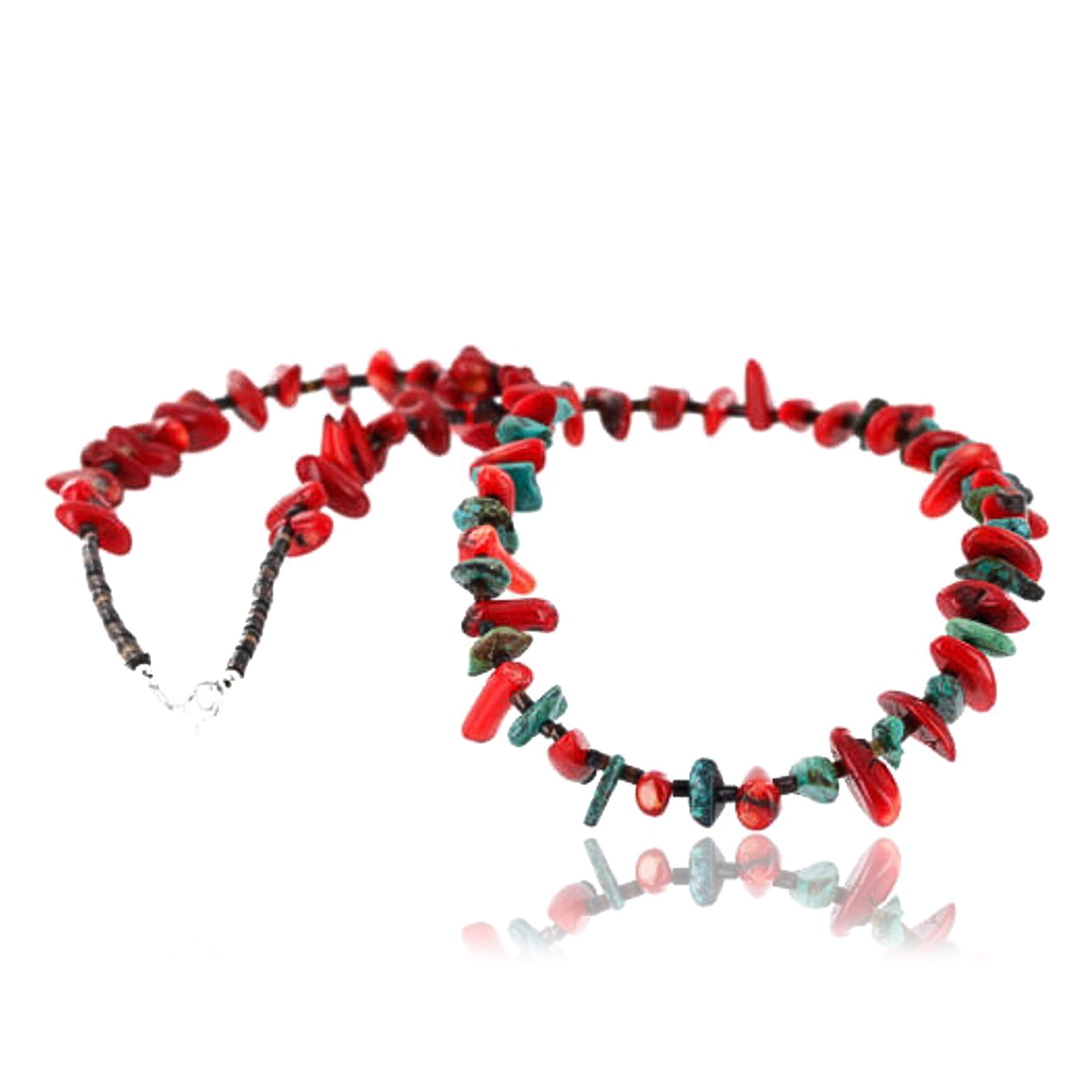 Authentic Navajo Silver Coral Turquoise Necklace - Handmade by Loma Siiva - $300 Tag Certified Graduated Bead Jewelry - Perfect for Graduation Gifts, Native American Fashion & Boho Style Accessories