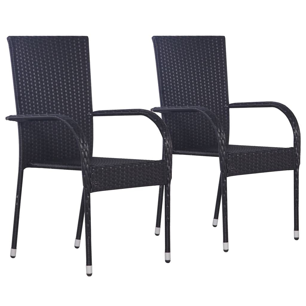 Modern Outdoor Garden Chairs Set of 2 - Stackable Black Poly Rattan Patio Furniture with Wicker Look - Perfect for Backyard, Poolside, and Balcony Relaxation