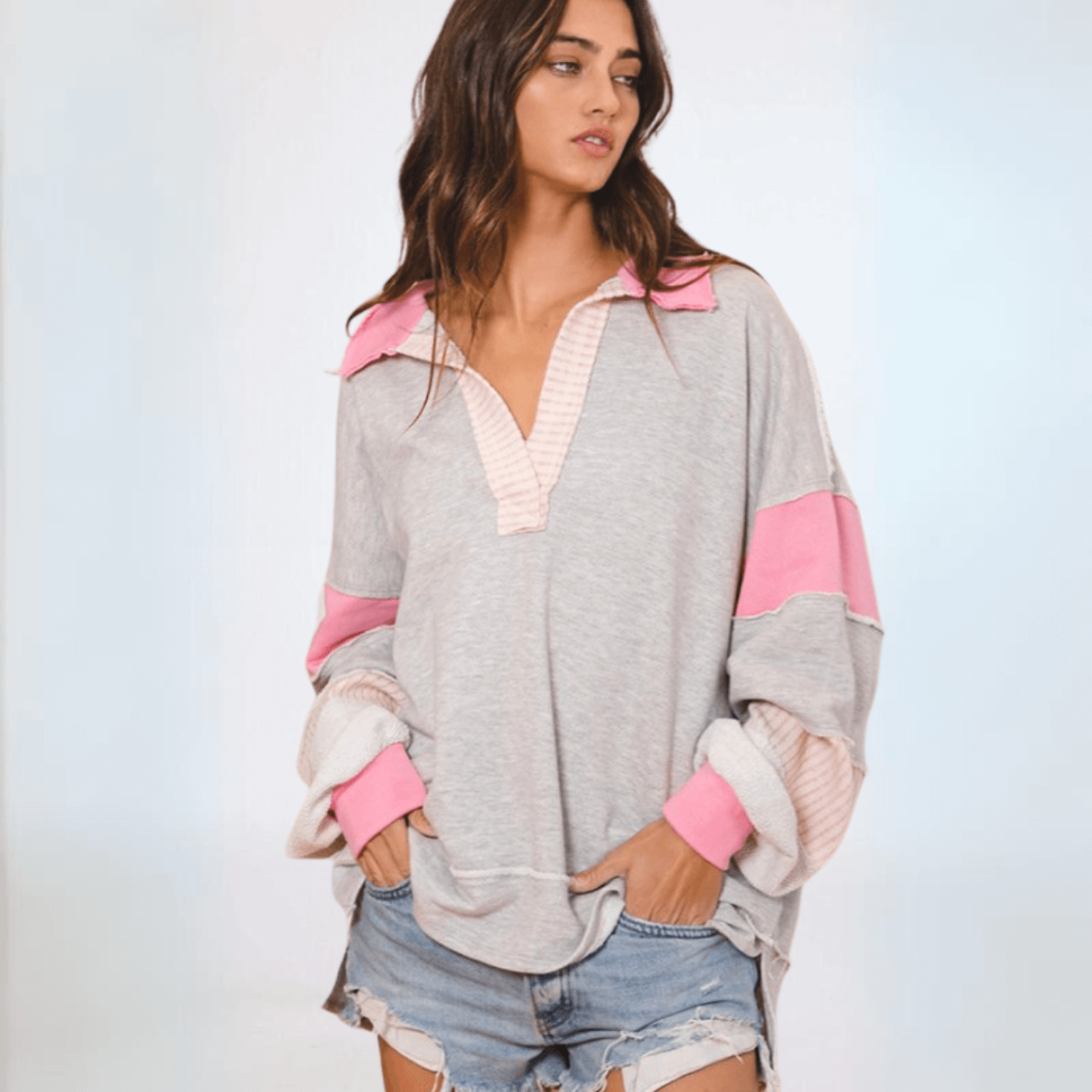 Bucket List Favorite Oversized Sweatshirt - Grey & Pink | Made in USA | Cozy Loungewear for Women, Casual Outfit & Streetwear Fashion