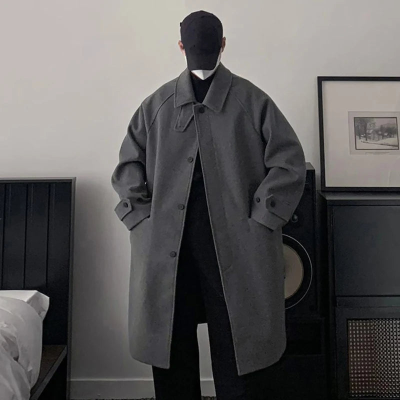 Men's Wool Winter Coat - Turn Down Collar Single Breasted Long Overcoat for Fall & Winter | Korean Style Solid Color Outerwear | Perfect for Office, Dating & Casual Outings