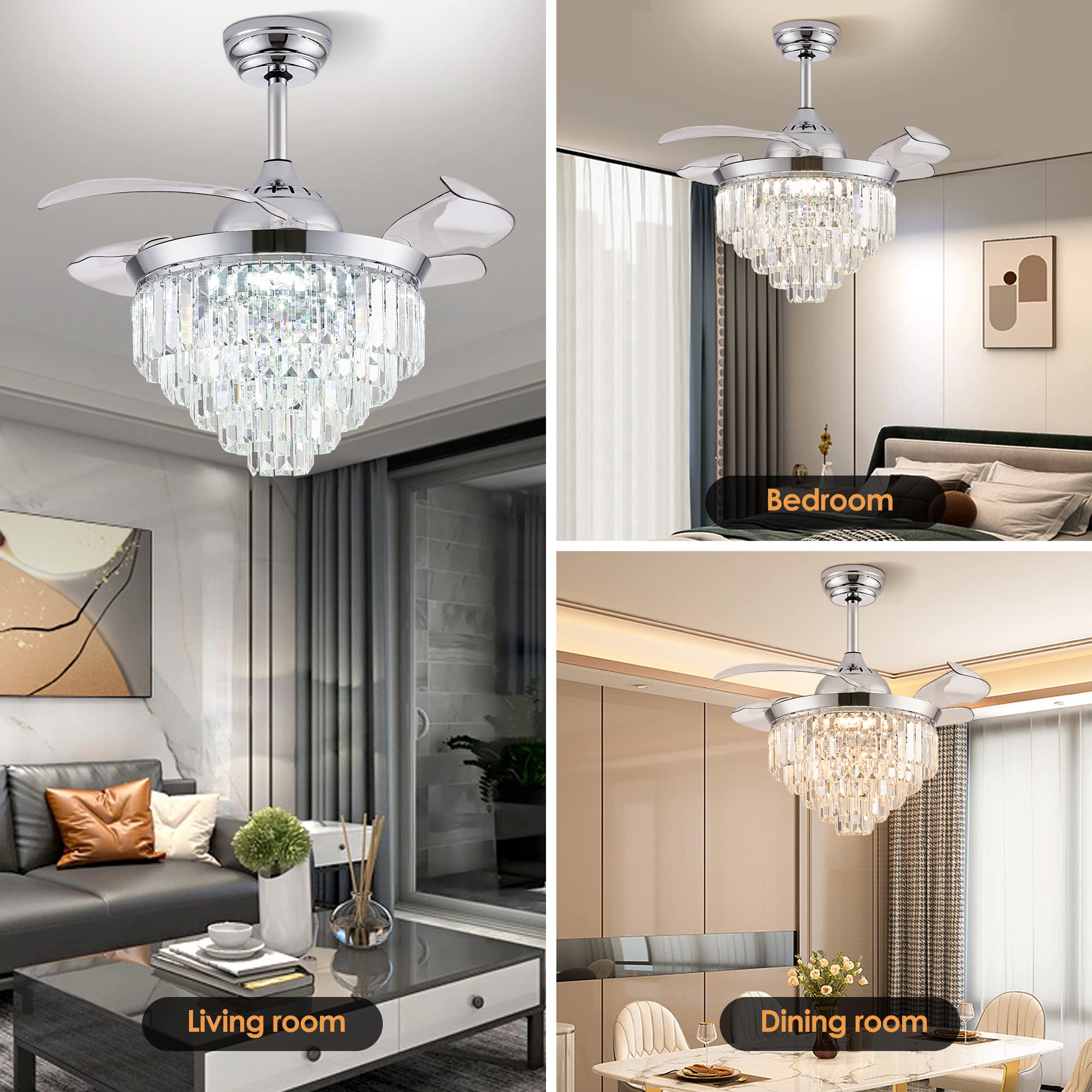 Dimmable Crystal Ceiling Fan with Light & Remote - 36