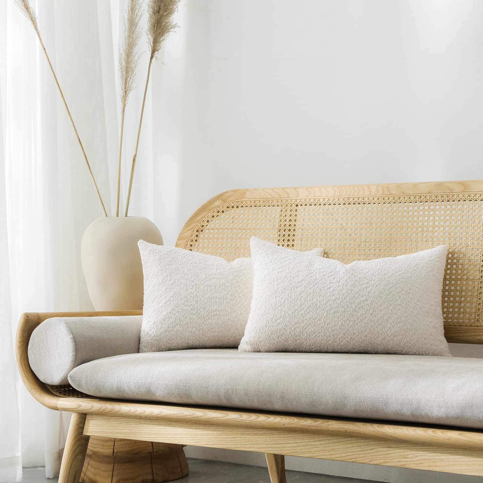 Farmhouse Throw Pillow Covers Set of 2 - 12x20 Inch Rustic Decorative Pillow Cases for Couch, Bed & Living Room - Neutral Cream White Textured Accent Cushions - Perfect for Farmhouse, Boho & Coastal Home Decor