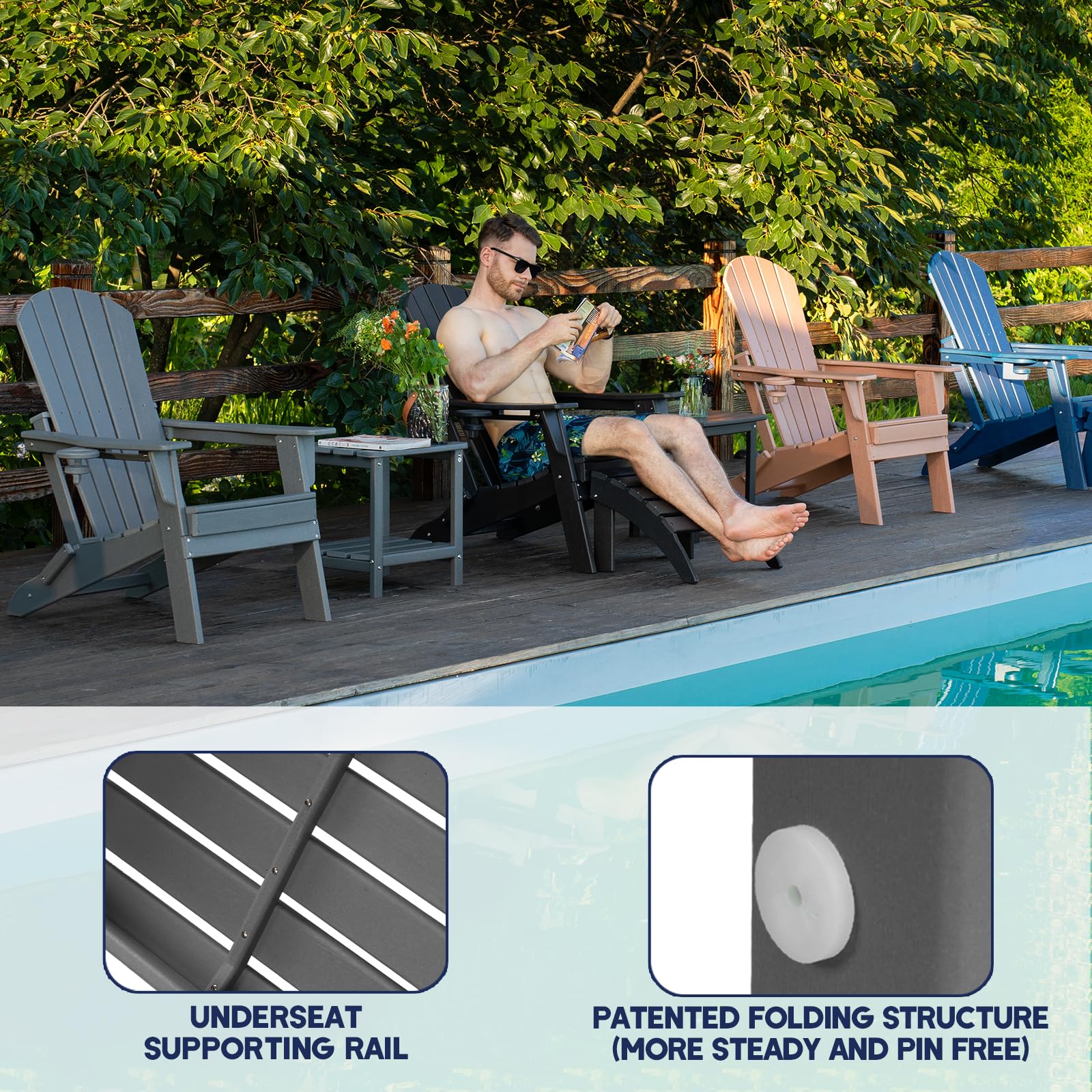 Premium Folding Adirondack Chair with Ergonomic Backrest - Heavy Duty 400lbs Capacity All-Weather HDPE Material - Zero Maintenance Outdoor Patio Furniture with Cup Holder (White) - Perfect for Backyard, Poolside, Camping & Firepit Relaxation