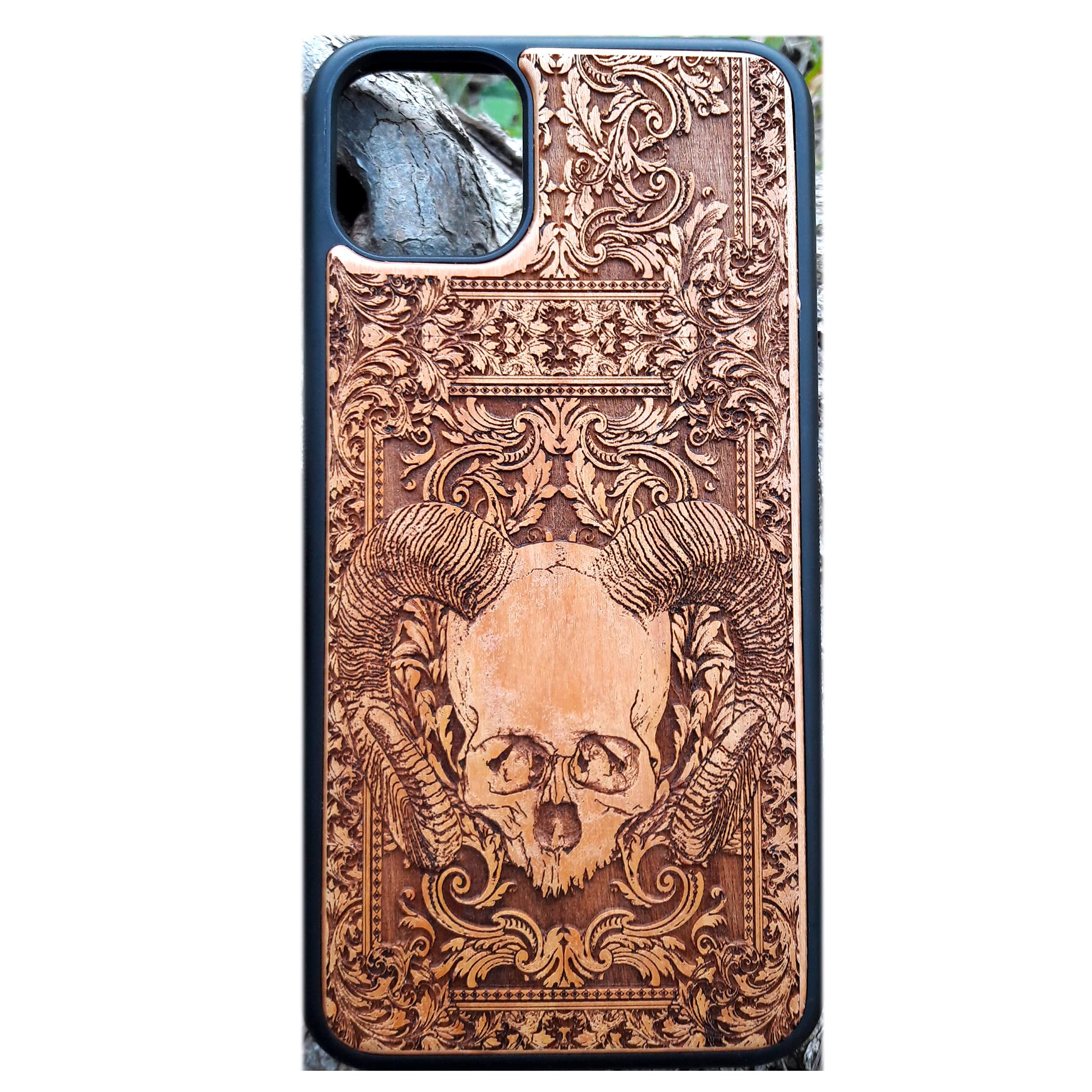 Gothic Horned Skull Laser Engraved Wood Phone Case for iPhone 16/15/14/13/12/11 Pro Max/Mini & Galaxy S25/S24/S23/S22/S21/S20 Ultra Plus - Eco-Friendly Slim Durable Wooden Cover - Perfect for Halloween, Gothic Fashion & Dark Art Lovers