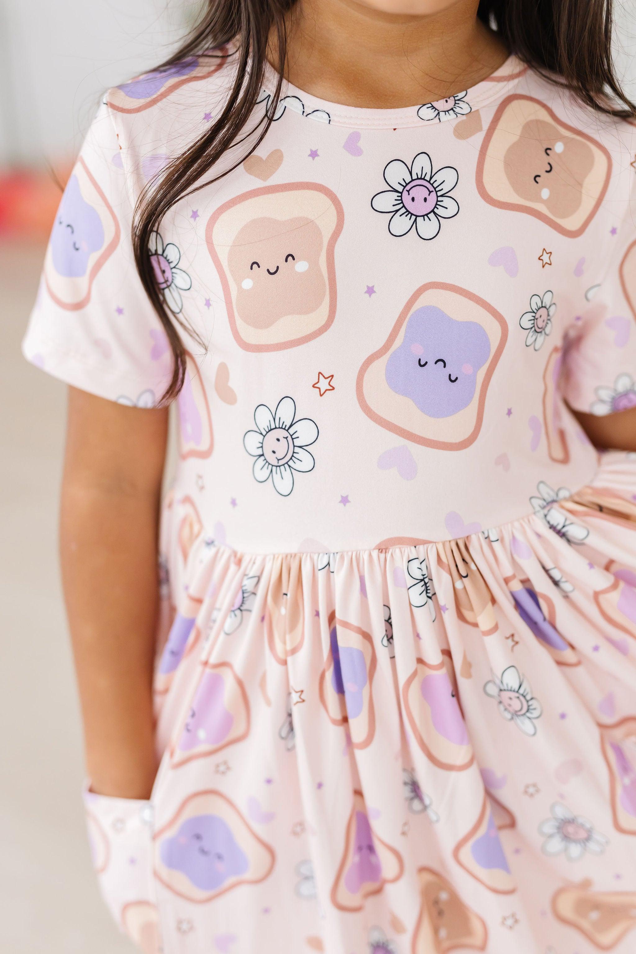 Peanut Butter Jelly Time Short Sleeve Pocket Twirl Dress - Fun Summer Swing Dress for Kids, Parties & Playtime