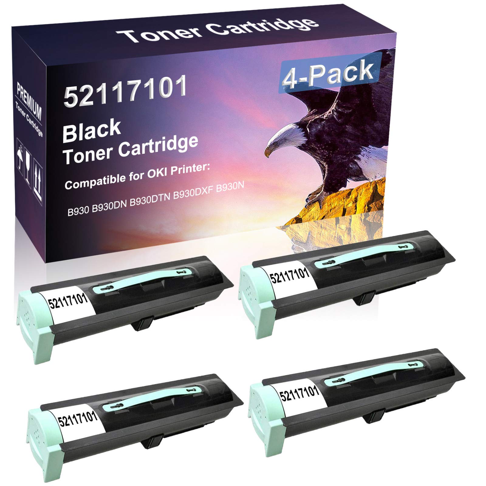 4-Pack Black High-Yield OKI 52117101 Compatible Toner Cartridge - Replacement for OKI B930/B930DN/B930DTN/B930DXF/B930N Printers - Perfect for Office, Home & Small Business Laser Printing Needs