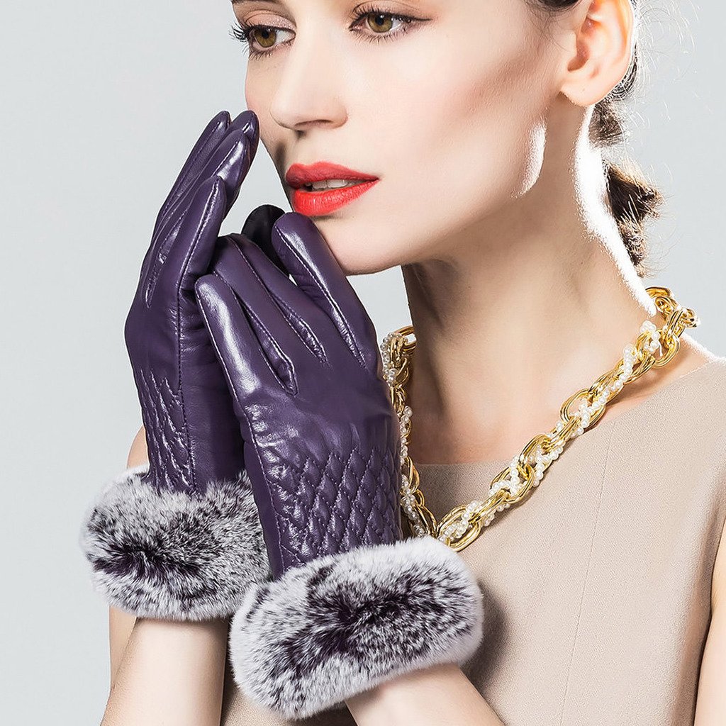 Women's Winter Leather Gloves with Rex Rabbit Fur Cuff - Warm Touchscreen Gloves for Cold Weather, Driving, and Outdoor Activities