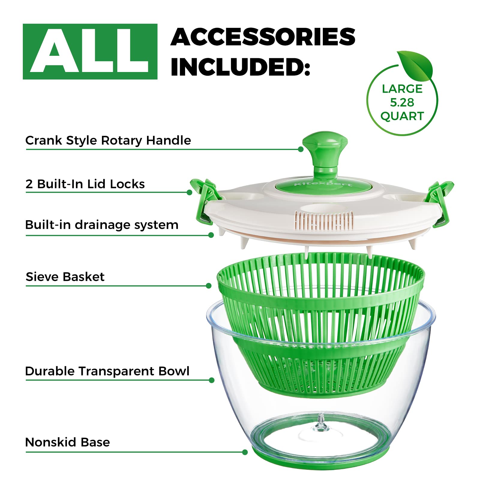 Kitexpert 5.28 Qt Salad Spinner - Manual Vegetable Dryer for Lettuce & Fruit Washing - Kitchen Prep Essential