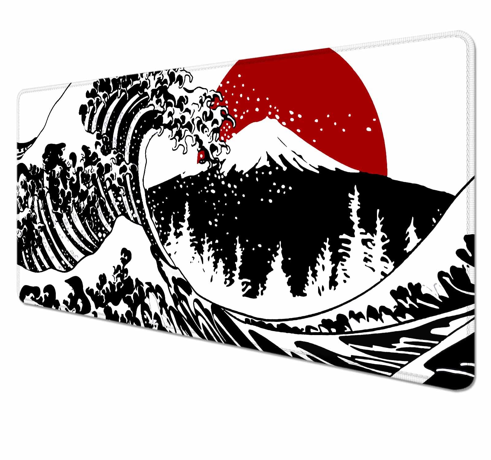 HUOCAIREN Extra Large Japanese Wave Gaming Mouse Pad - 35.4x15.7 Inch Non-Slip Rubber Base Desk Mat with Red Sun Stitched Edges | Perfect for PC Gaming, Office Work & Home Computer Setup