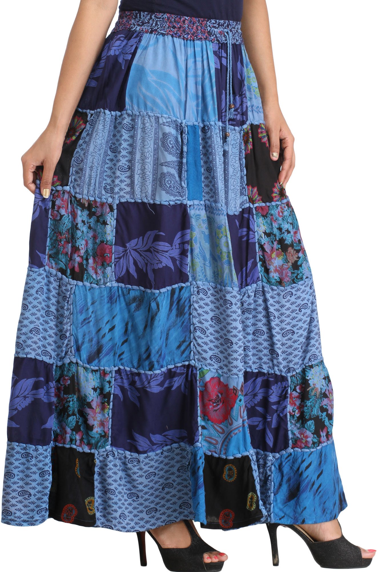 Stylish Long Printed Dori Skirt from Gujarat with Exquisite Patch Work - Comfortable Rayon Fabric - Perfect for Boho Fashion, Festivals & Summer Outfits