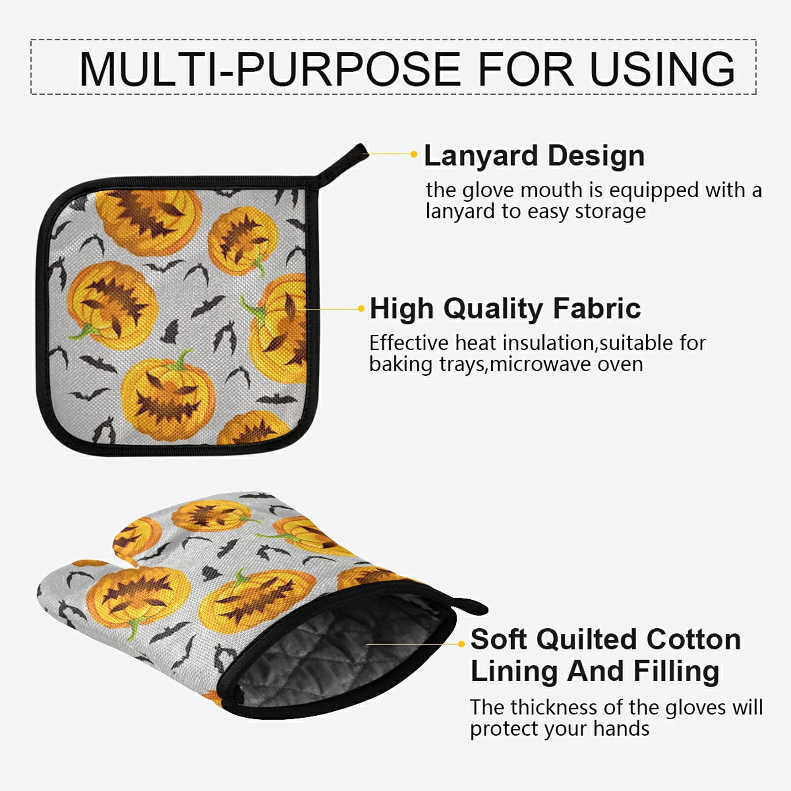 Halloween Pumpkin Bats Oven Mitts and Pot Holders Set - 2-Piece Non-Slip Heat Resistant Kitchen Gloves & Trivet Mats for Baking, Cooking, BBQ - Autumn Orange Grey Home Decor for Thanksgiving & Fall Season