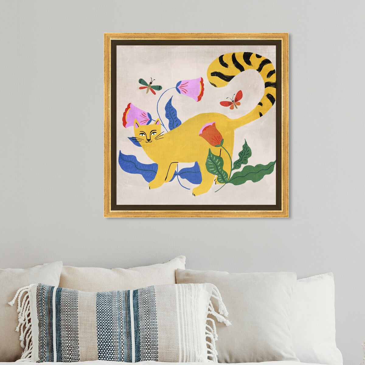 Blonde Tabby Floral Kitten Butterfly Garden Modern Yellow Framed Canvas Wall Art Print - Perfect for Bedroom, Living Room & Nursery Decor